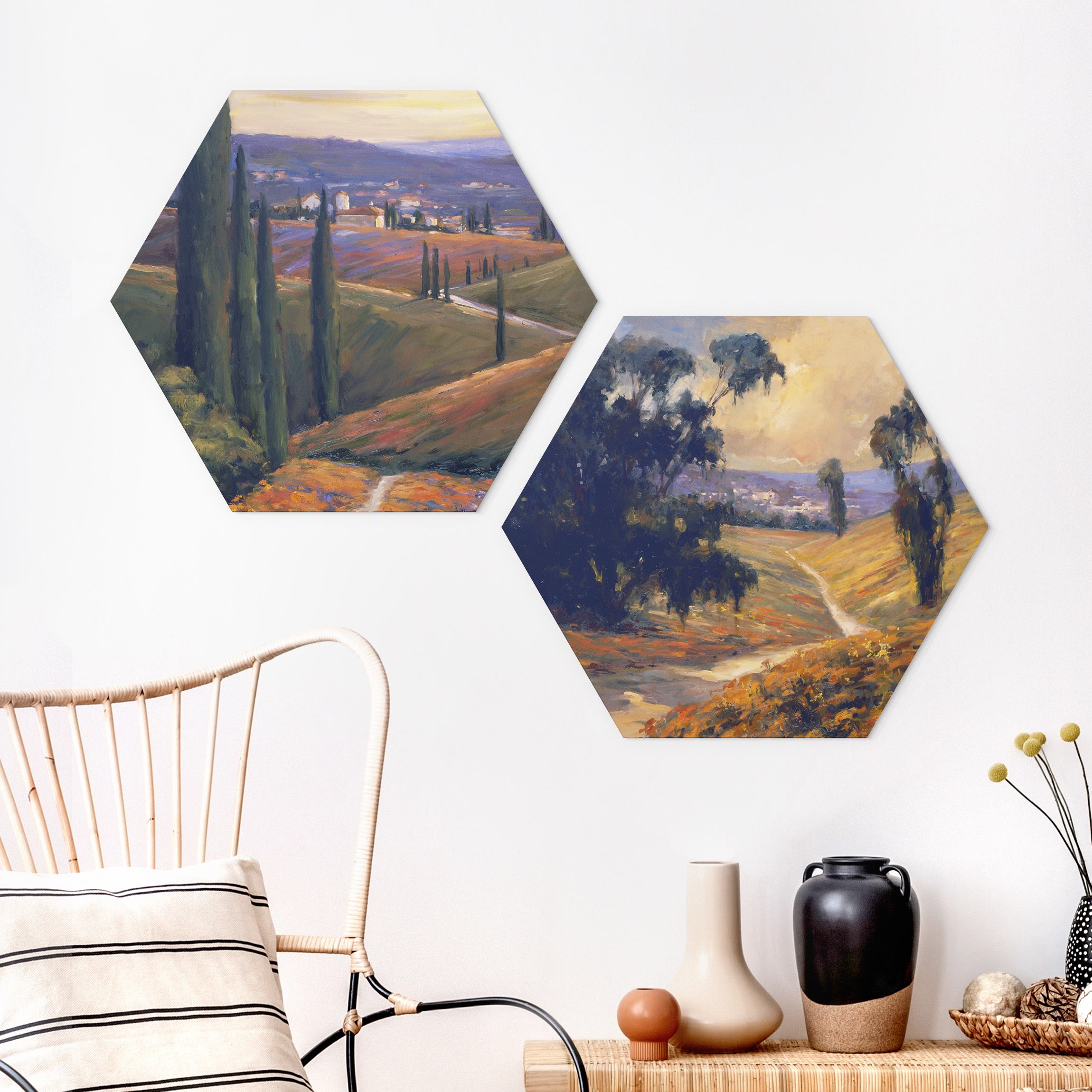 2-teiliges Hexagon-Alu-Dibond Bild Landschaft am Nachmittag Set I