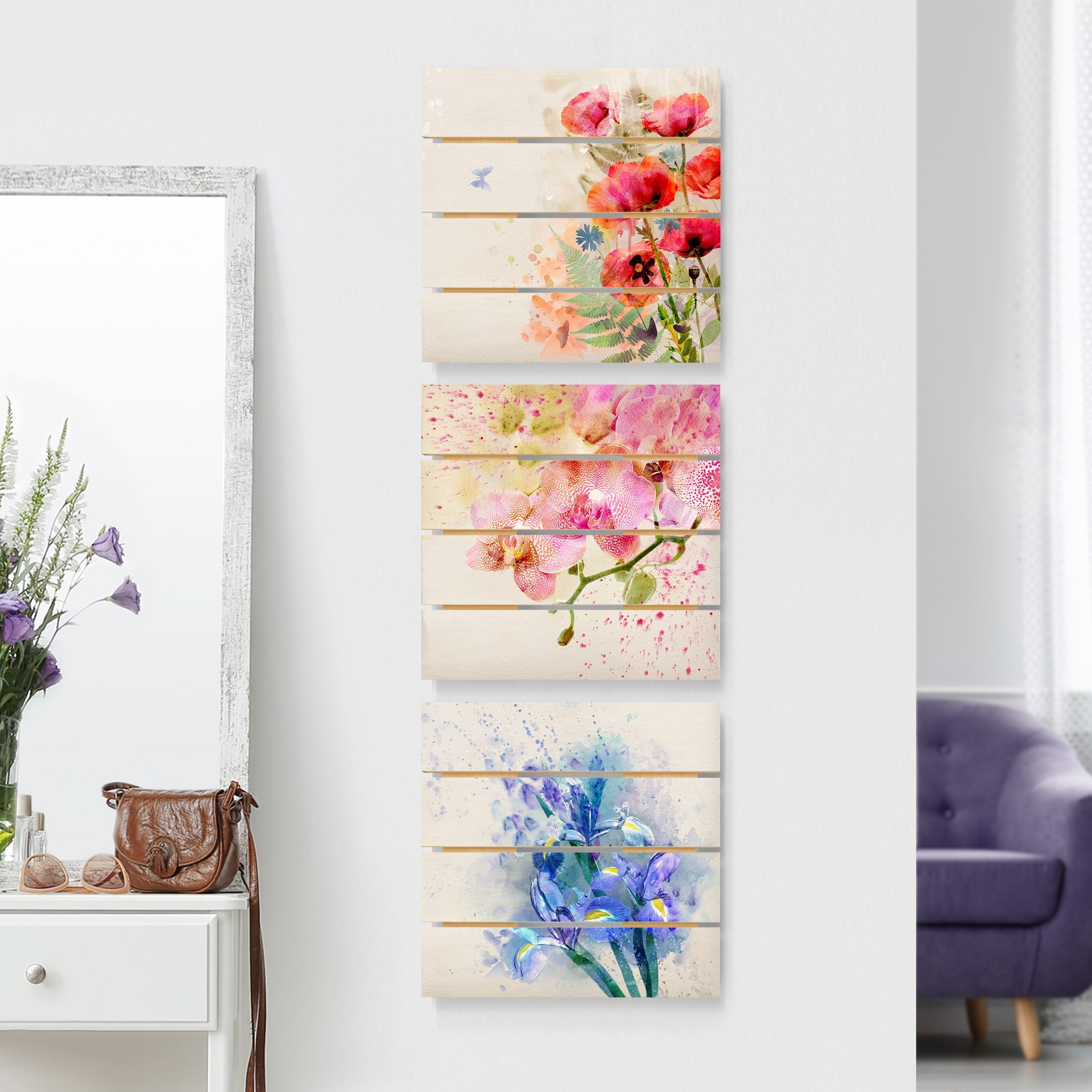 3-teiliges Holzbild Plankenoptik Aquarell Blumen Trio