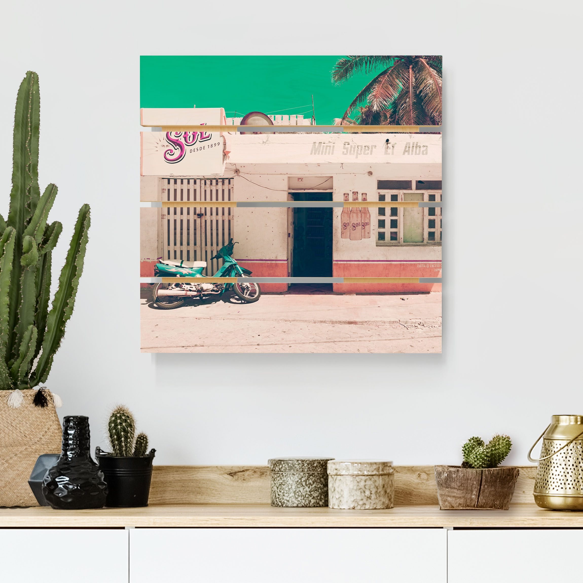 Holzbild Plankenoptik - Quadrat Mini Supermarkt Vintage