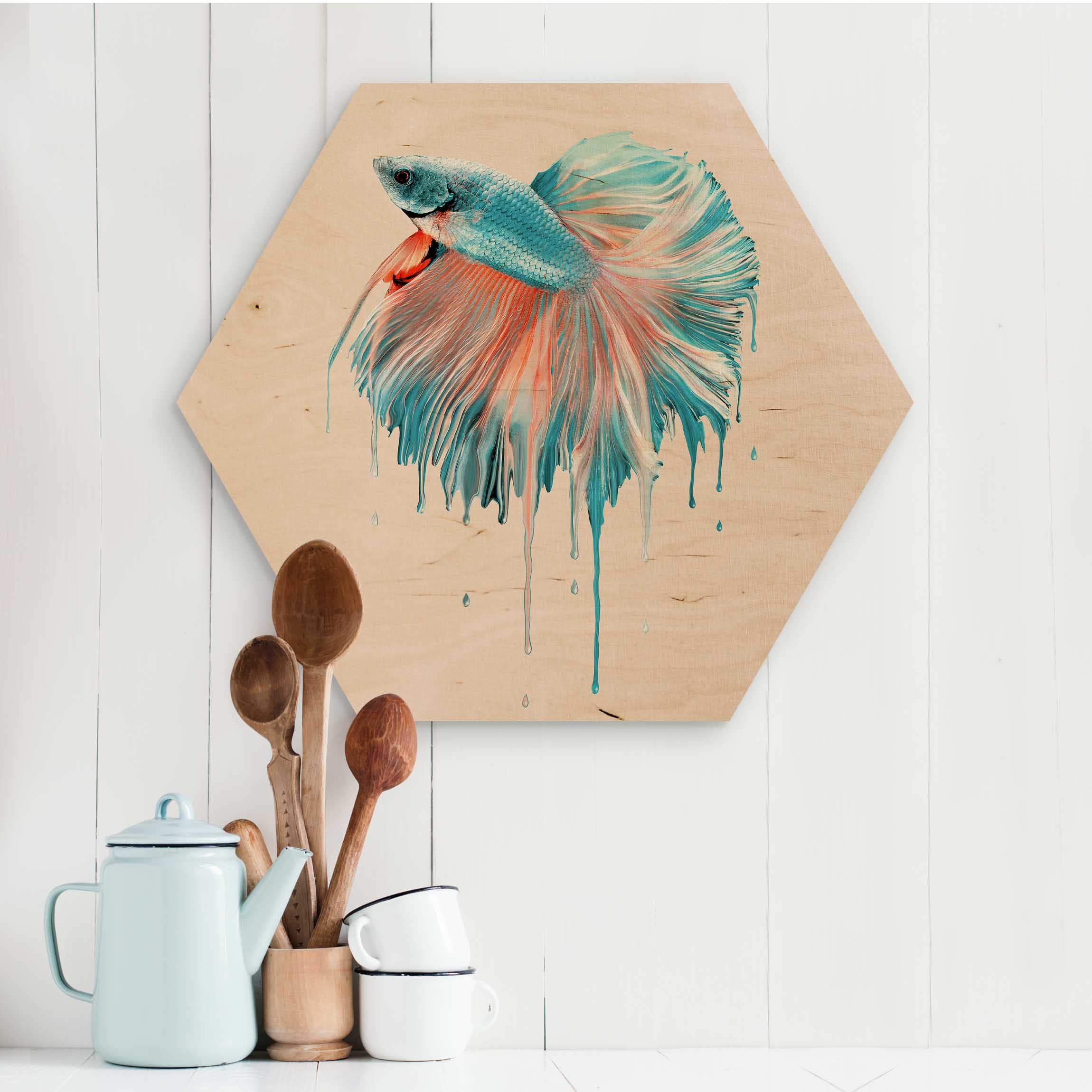 Hexagon-Holzbild Schmelzender Fisch