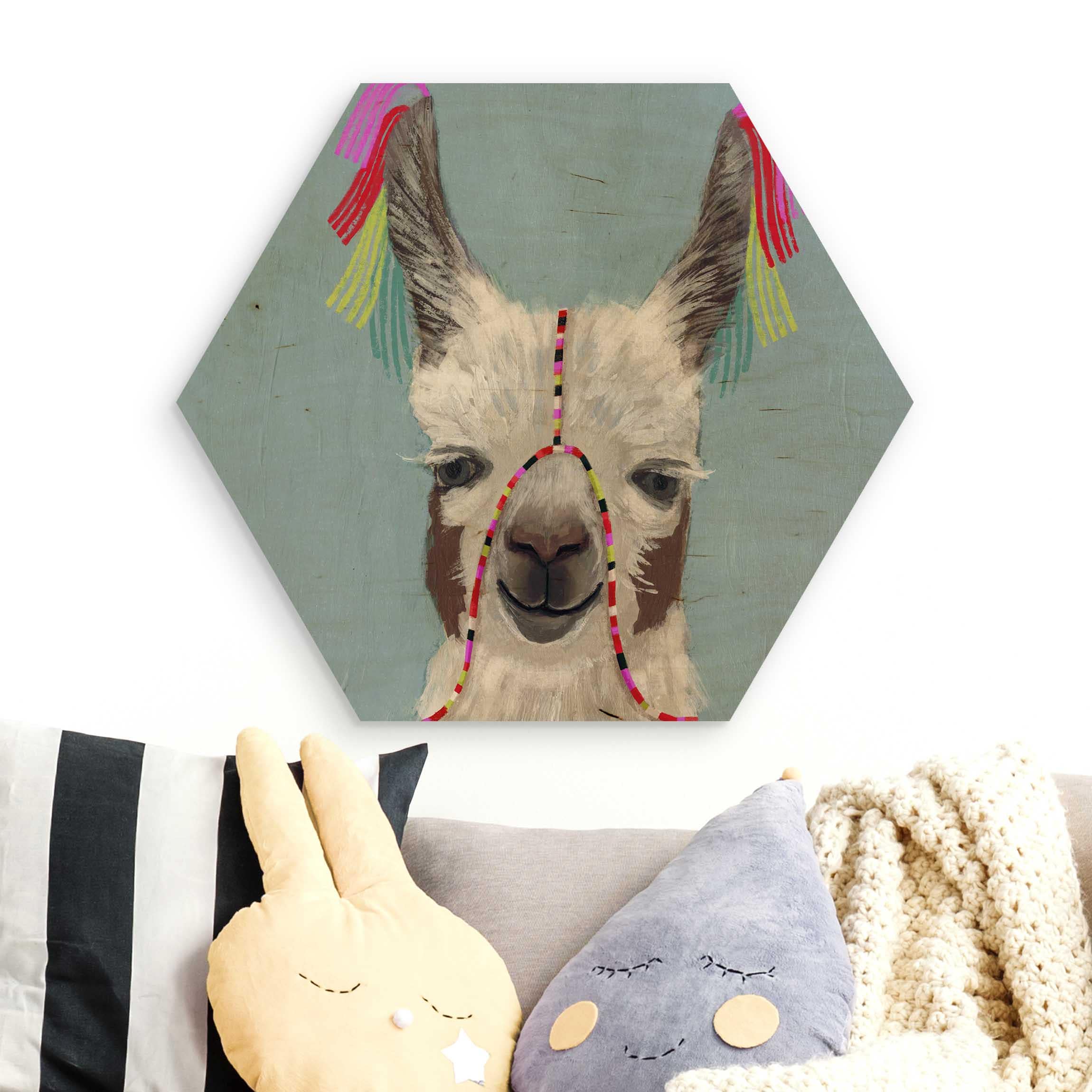 Hexagon-Holzbild Lama mit Schmuck III