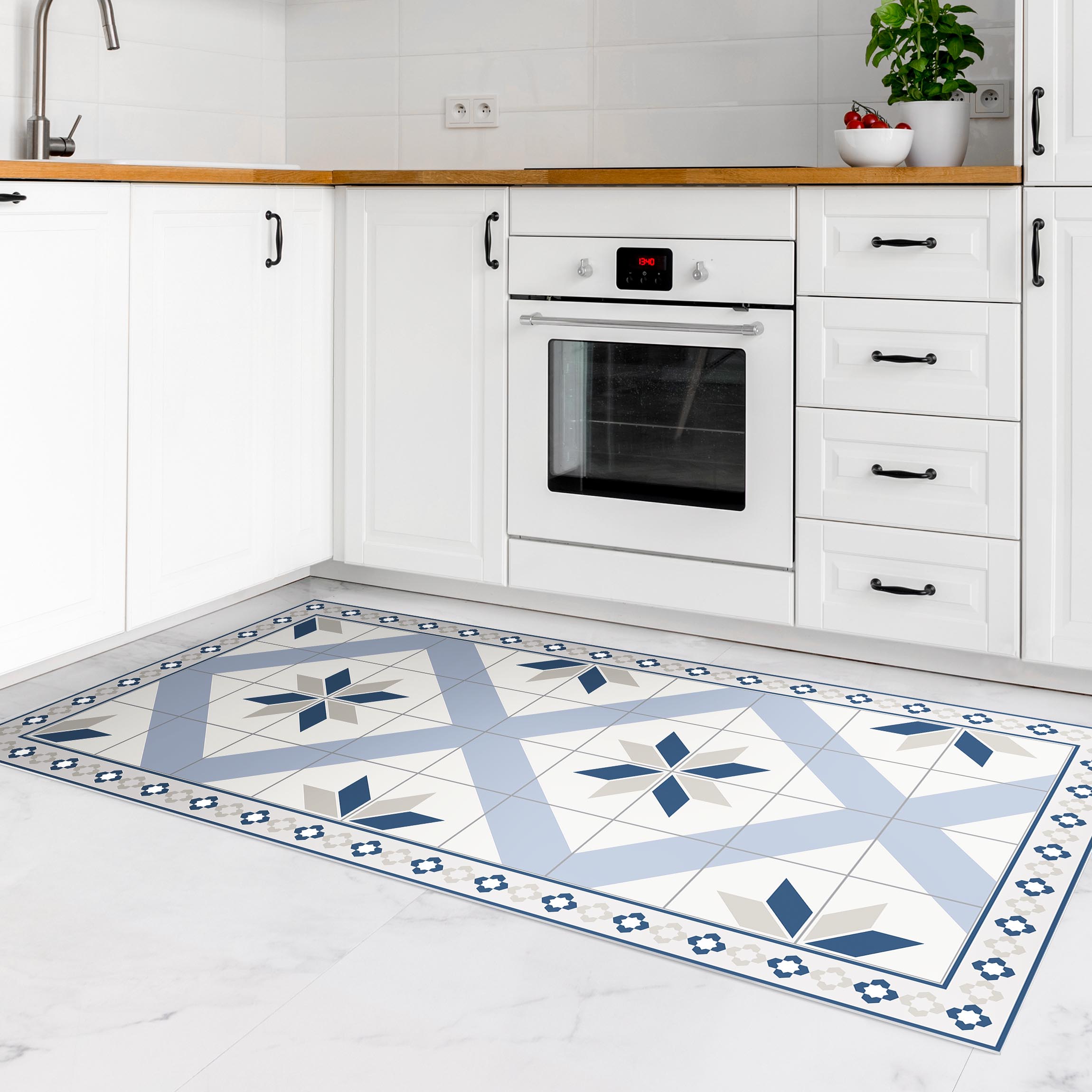 Vinylteppich Geometrische Fliesen Rautenblüte Taubenblau mit schmaler Bordüre