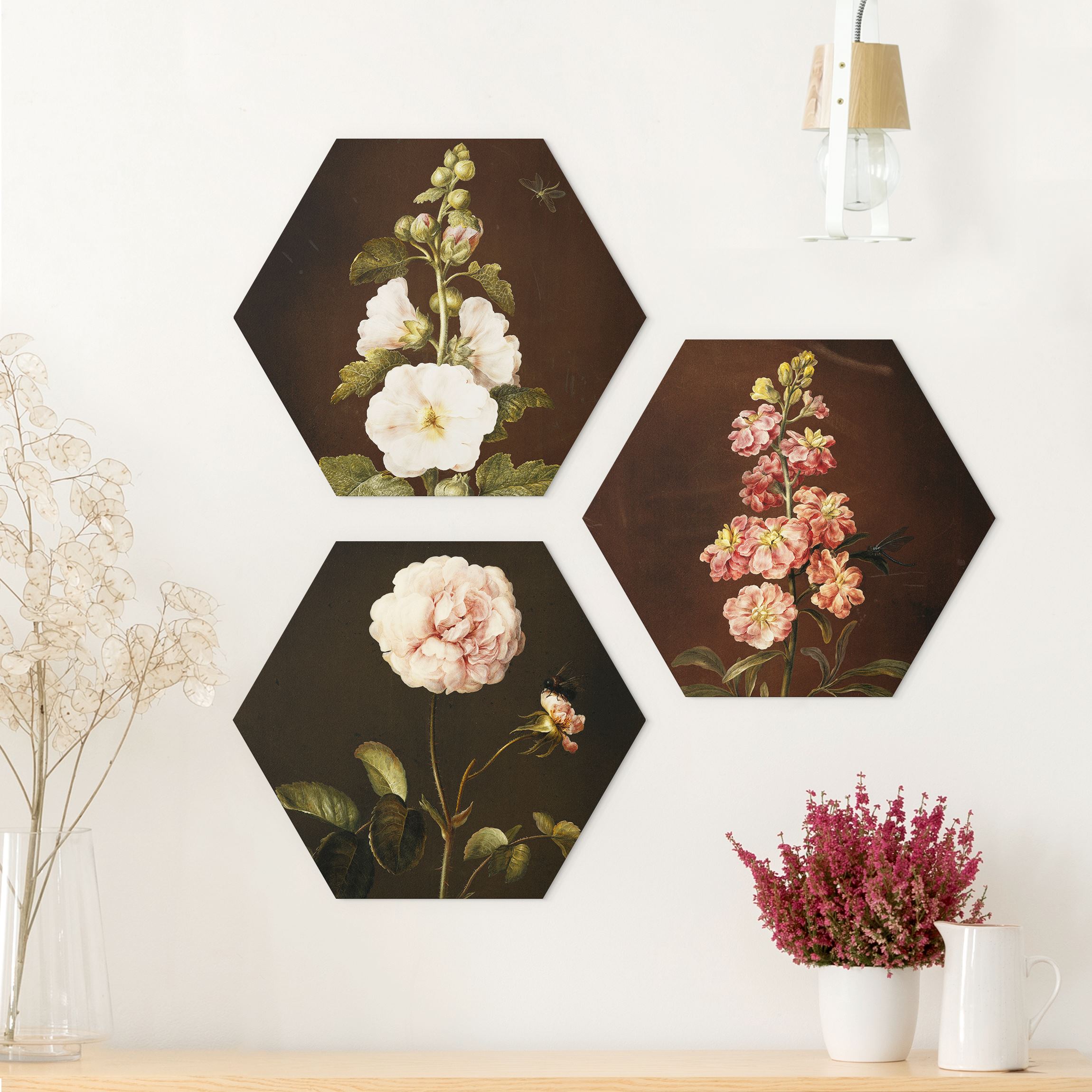 3-teiliges Hexagon-Alu-Dibond Bild Barbara Regina Dietzsch - Rosen und Levkkoje