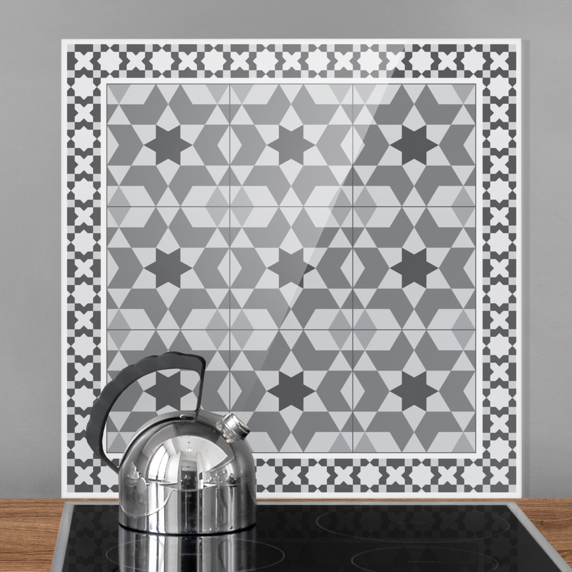 Spritzschutz Geometrische Fliesen Kaleidoskop Grau mit Bordüre