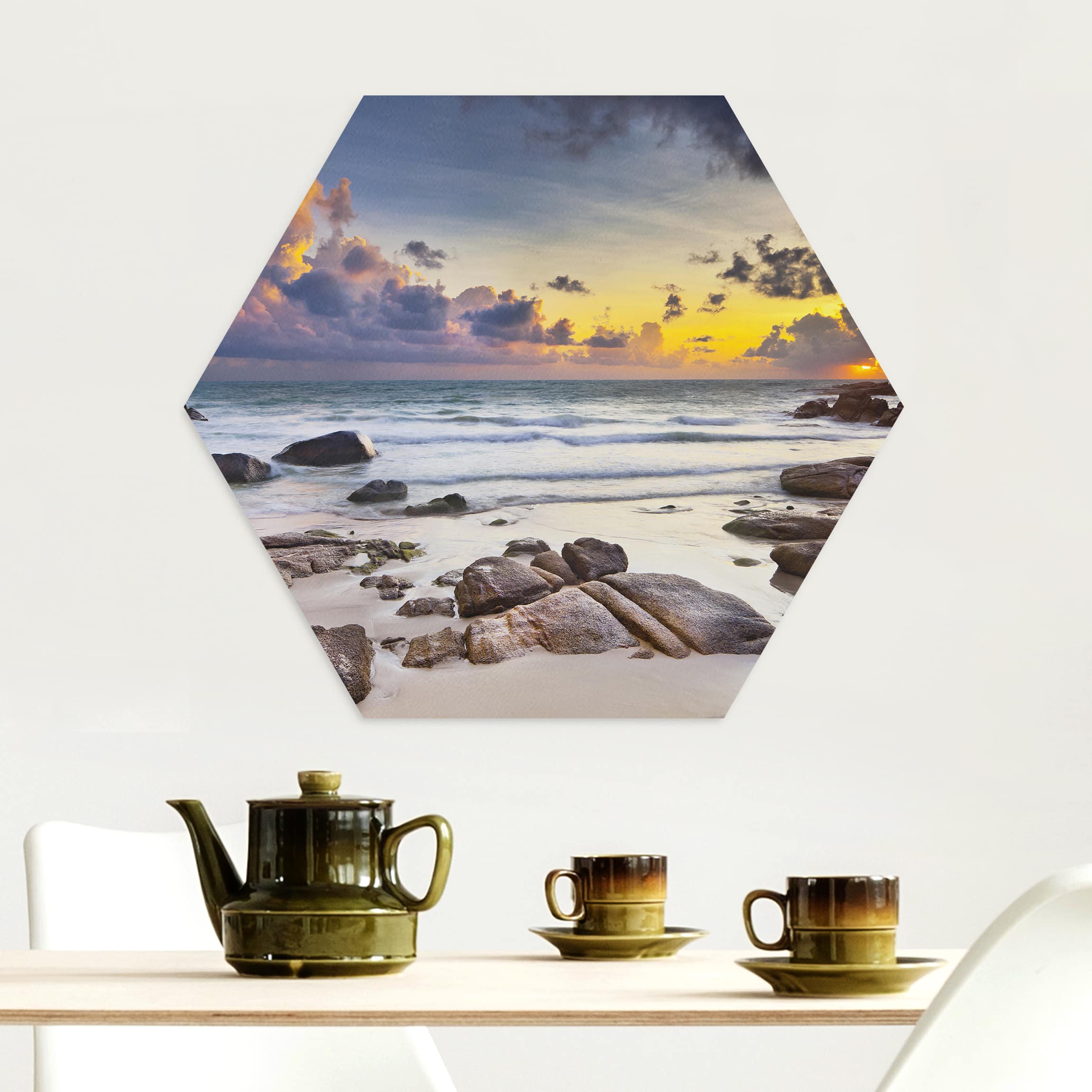 Hexagon-Alu-Dibond Bild Strand Sonnenaufgang in Thailand