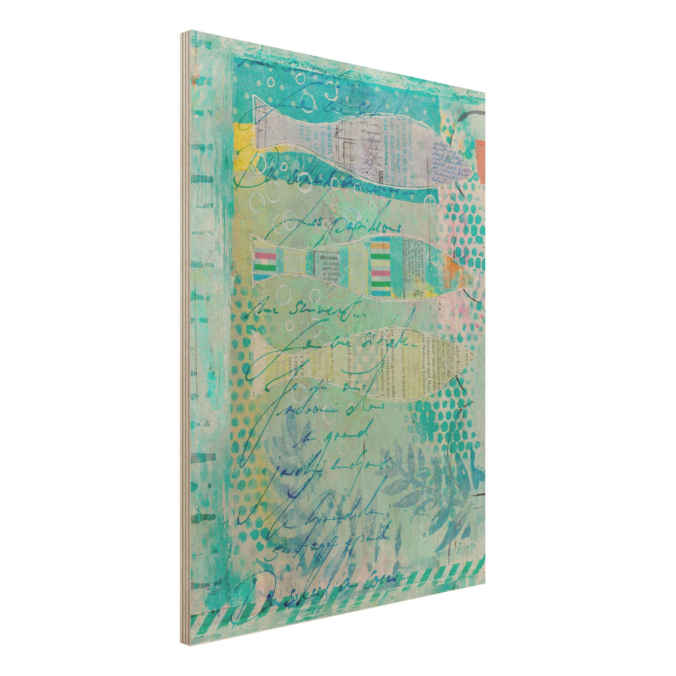 Holzbild - Hochformat 3:4 Bunte Collage - Fische und Punkte