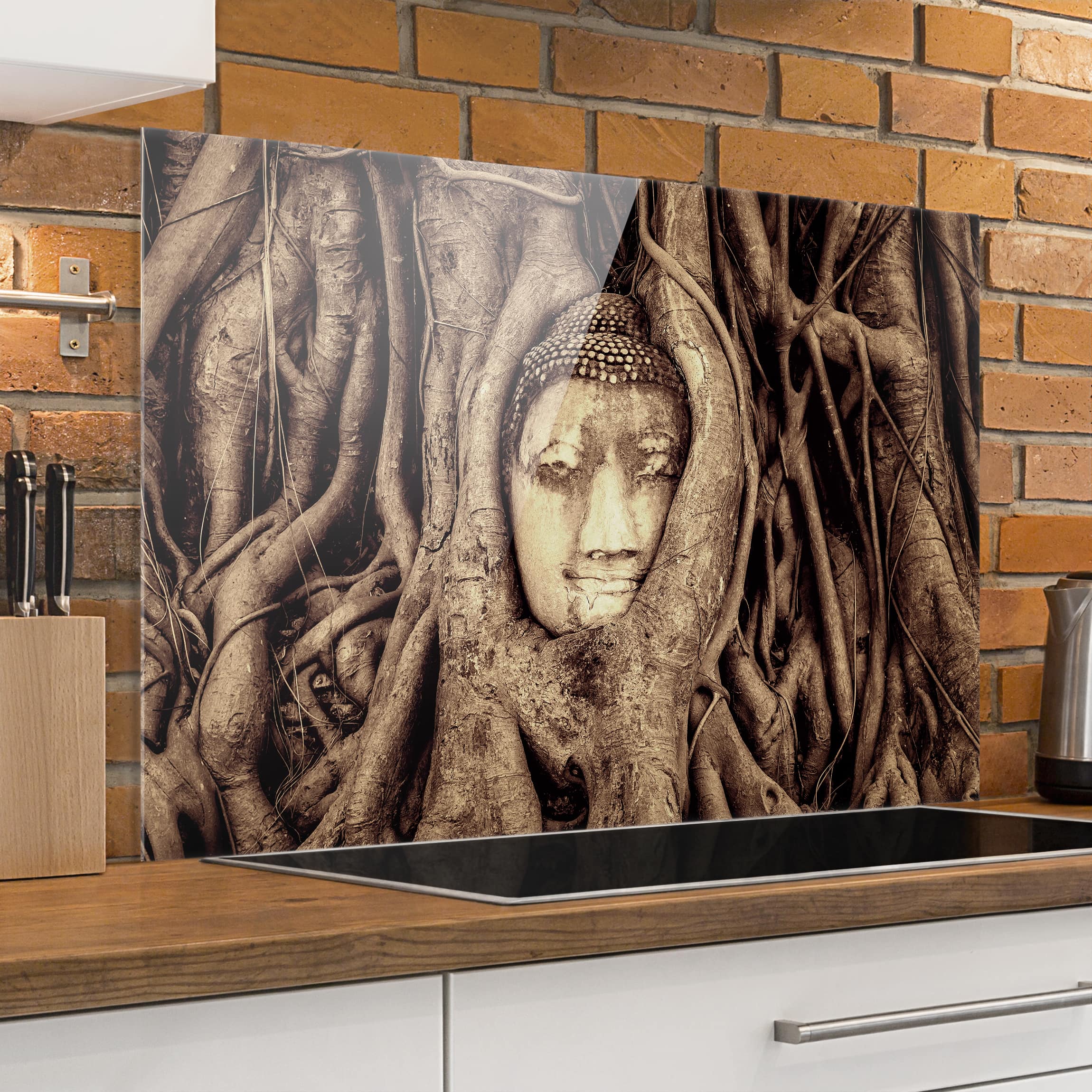 Glas Spritzschutz - Querformat 3:2 Buddha in Ayutthaya von Baumwurzeln gesäumt in Braun