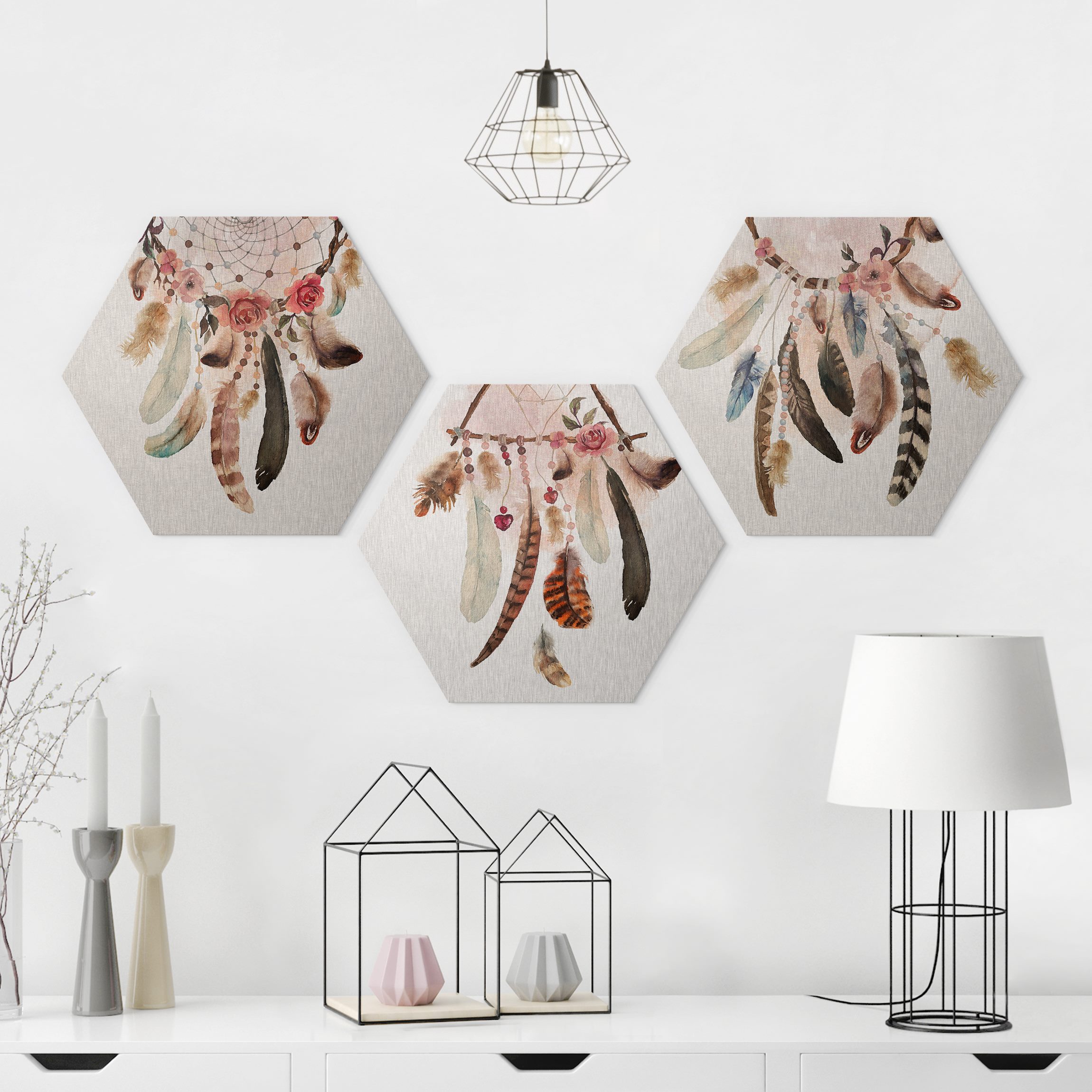 3-teiliges Hexagon-Alu-Dibond Bild Aquarell Traumfänger mit Federn
