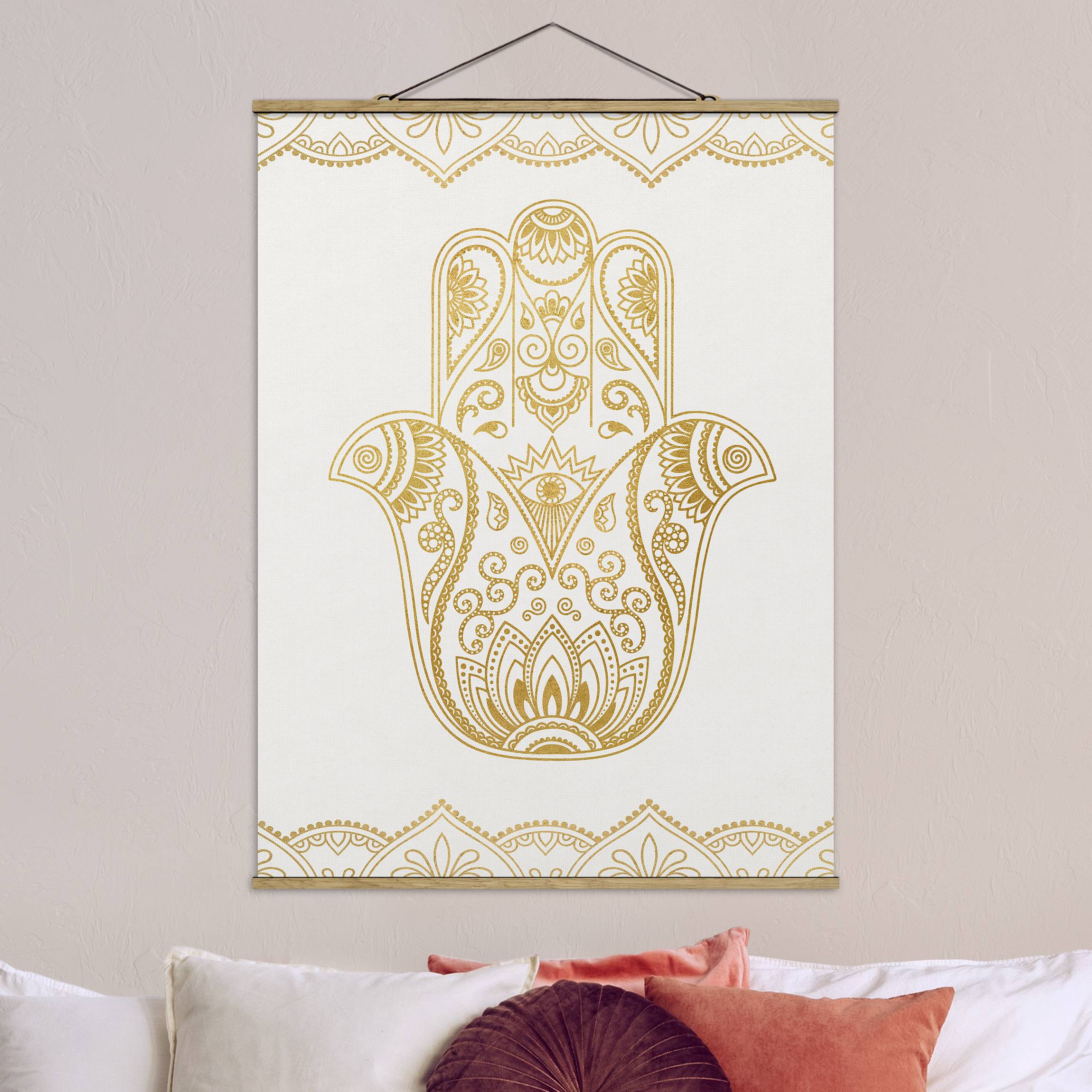 Stoffbild mit Posterleisten Hamsa Hand Lotus OM Illustration Set gold