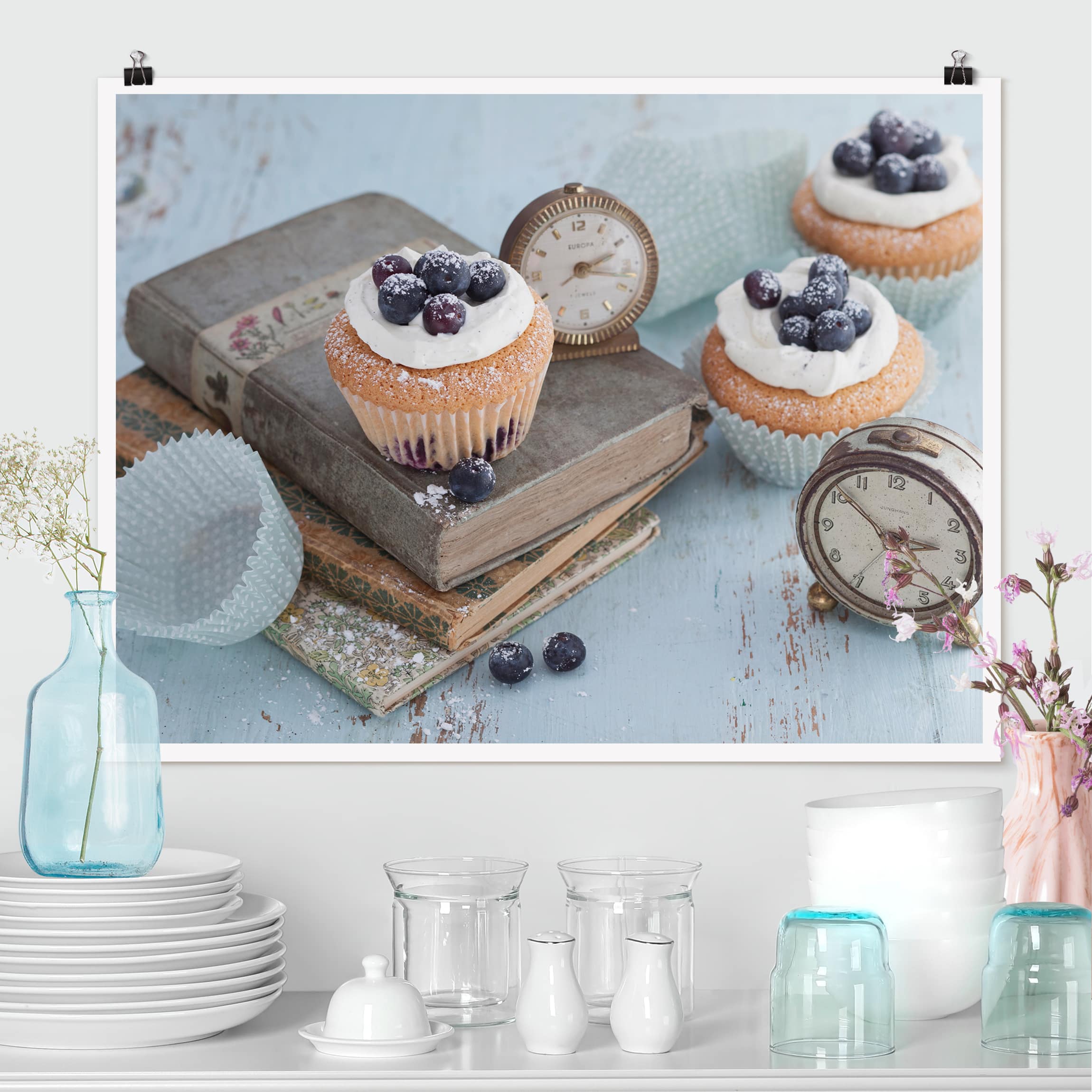 Poster - Querformat Vintage Cupcakes mit Wecker