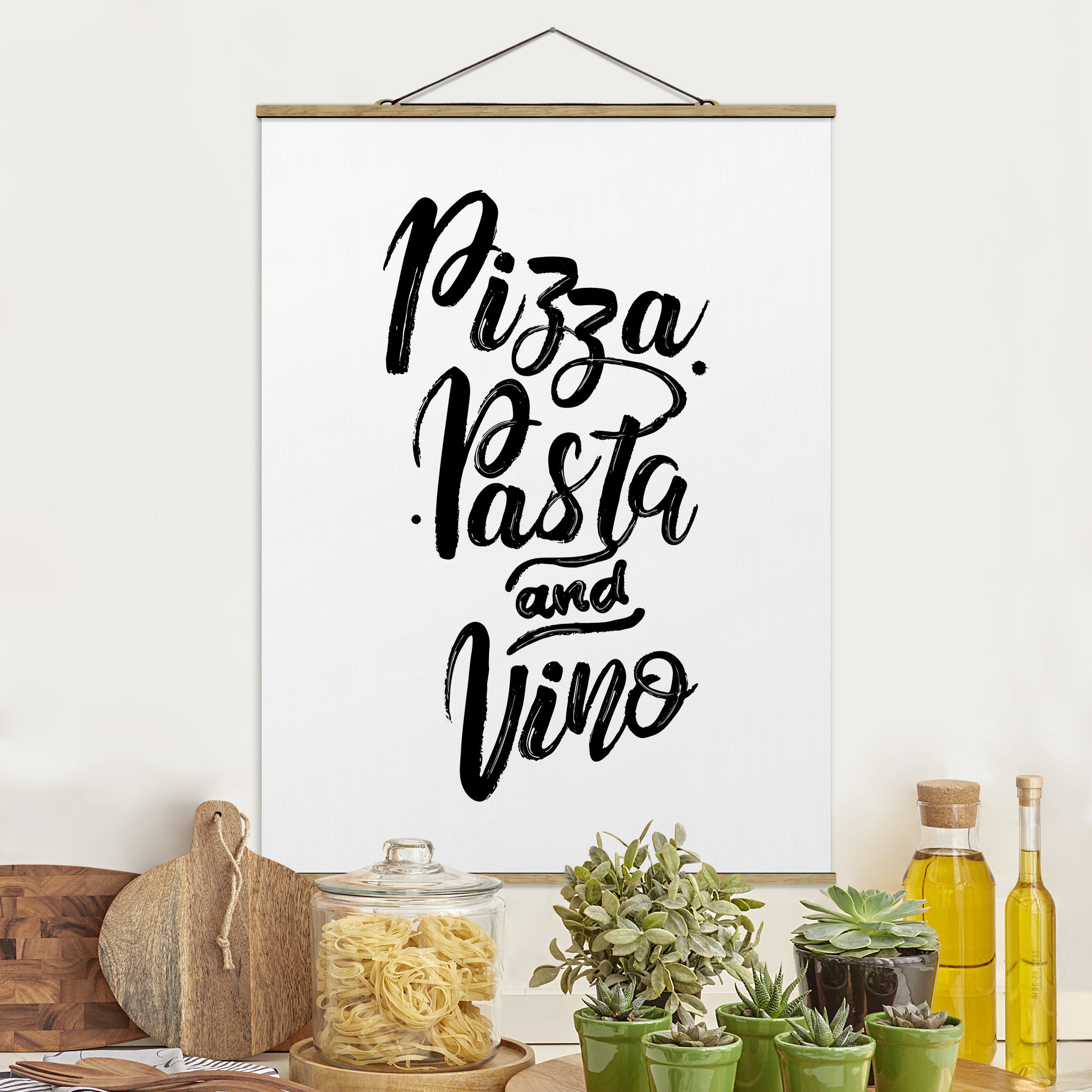 Stoffbild - Hochformat Pizza Pasta und Vino