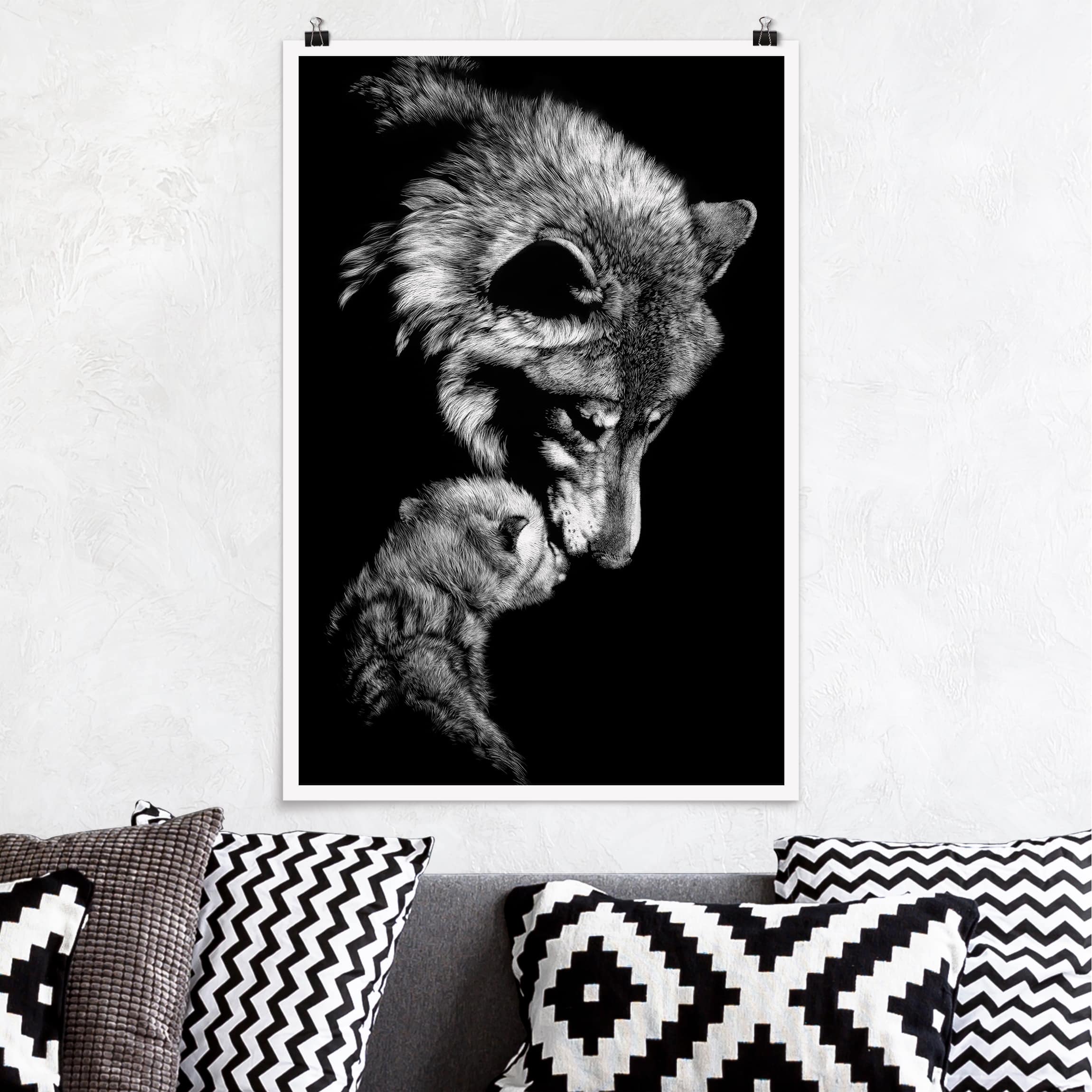 Poster - Hochformat Wolf vor Schwarz