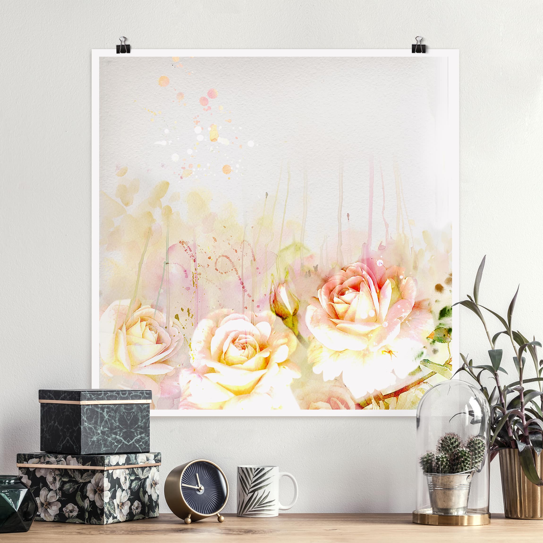 Poster - Quadrat Aquarell Blumen Rosen
