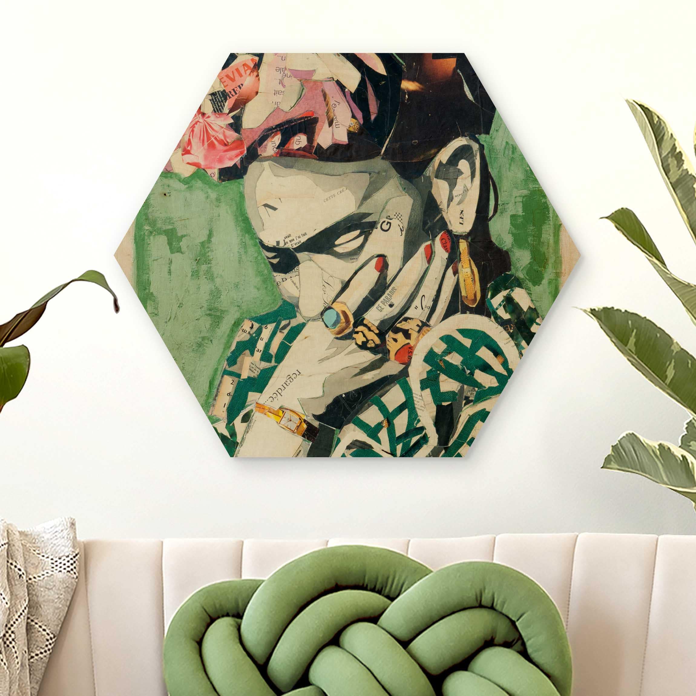 Hexagon-Holzbild Frida Kahlo - Collage No.3