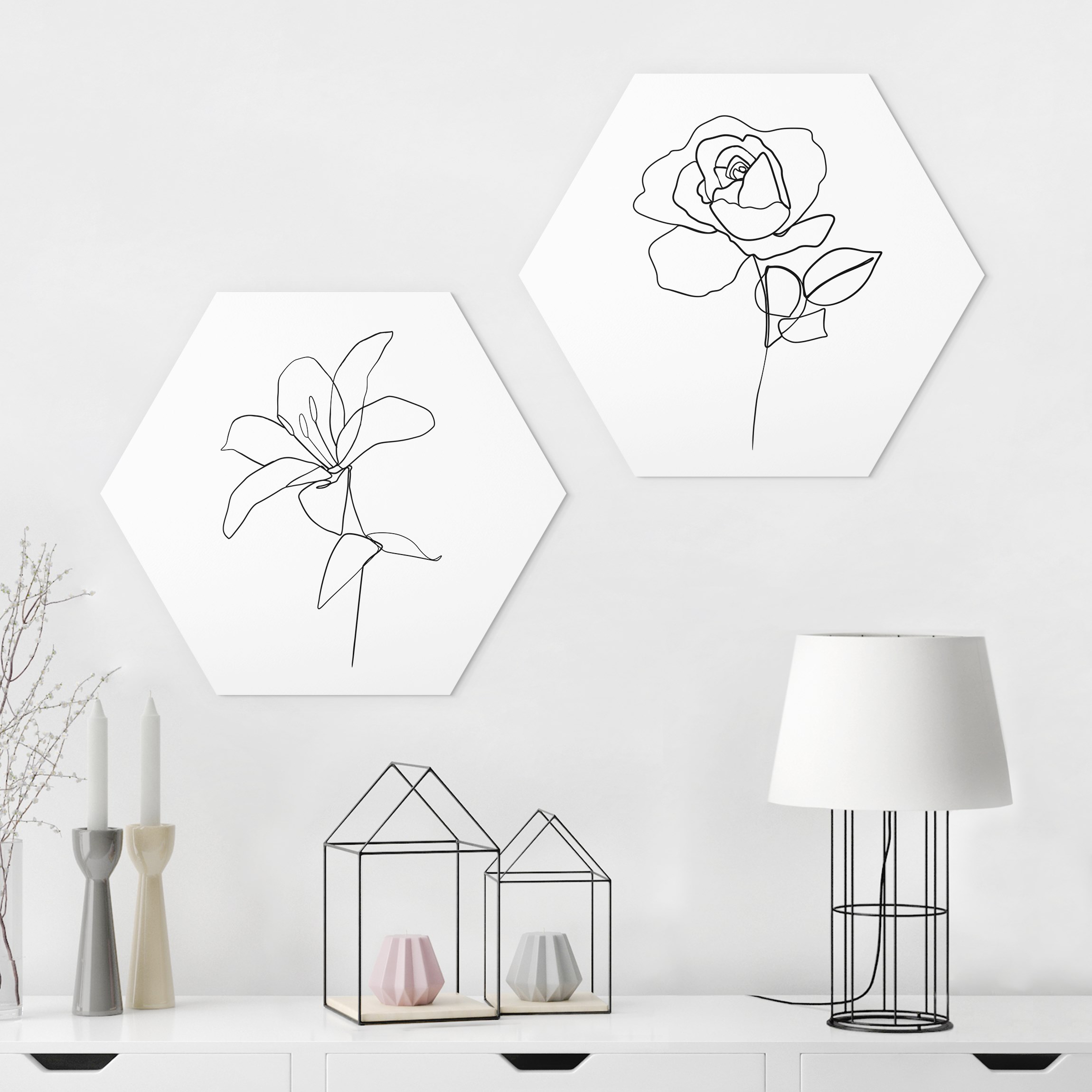 2-teiliges Hexagon-Forexbild Line Art Blüten Schwarz Weiß Set