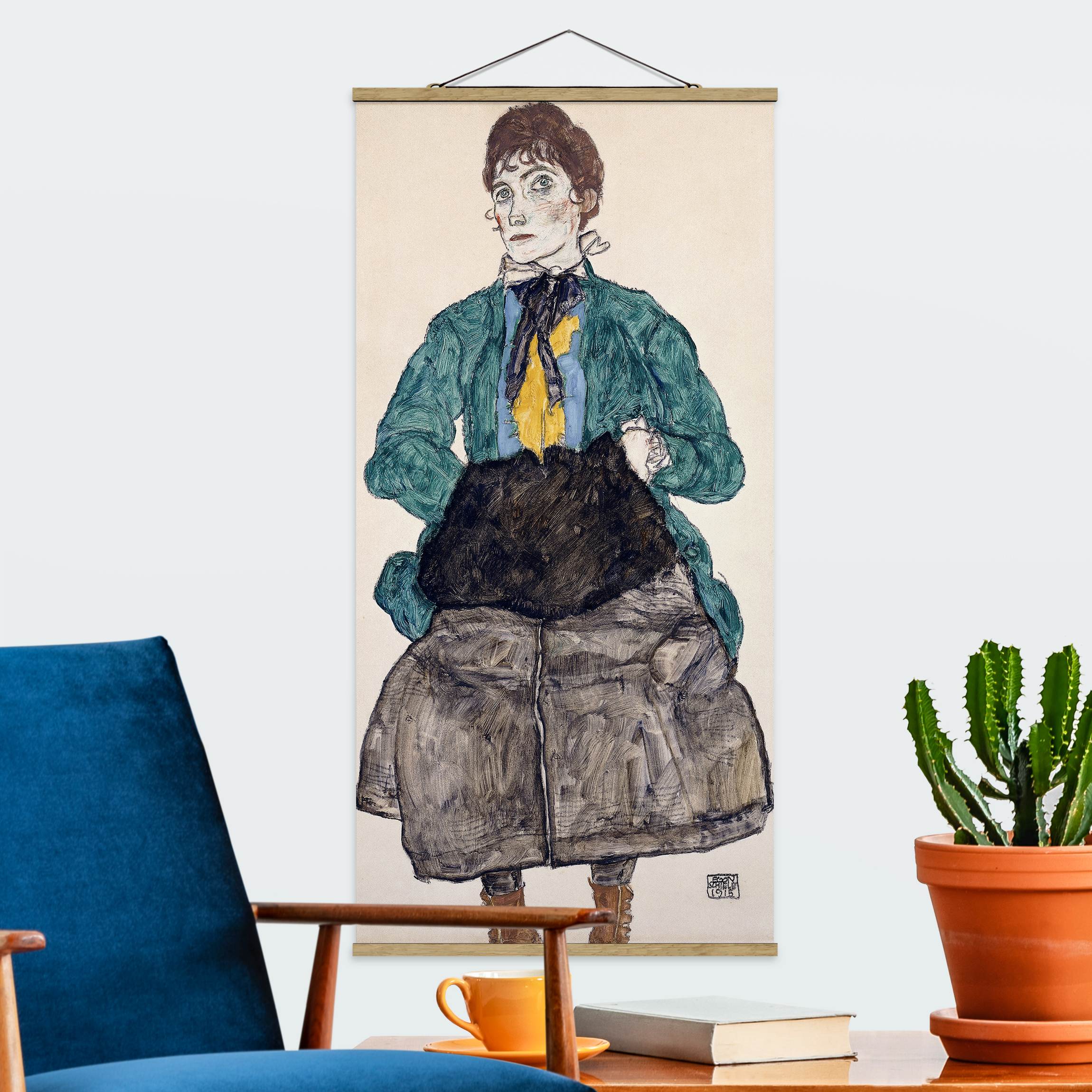 Stoffbild mit Posterleisten Egon Schiele - Frau in grüner Bluse