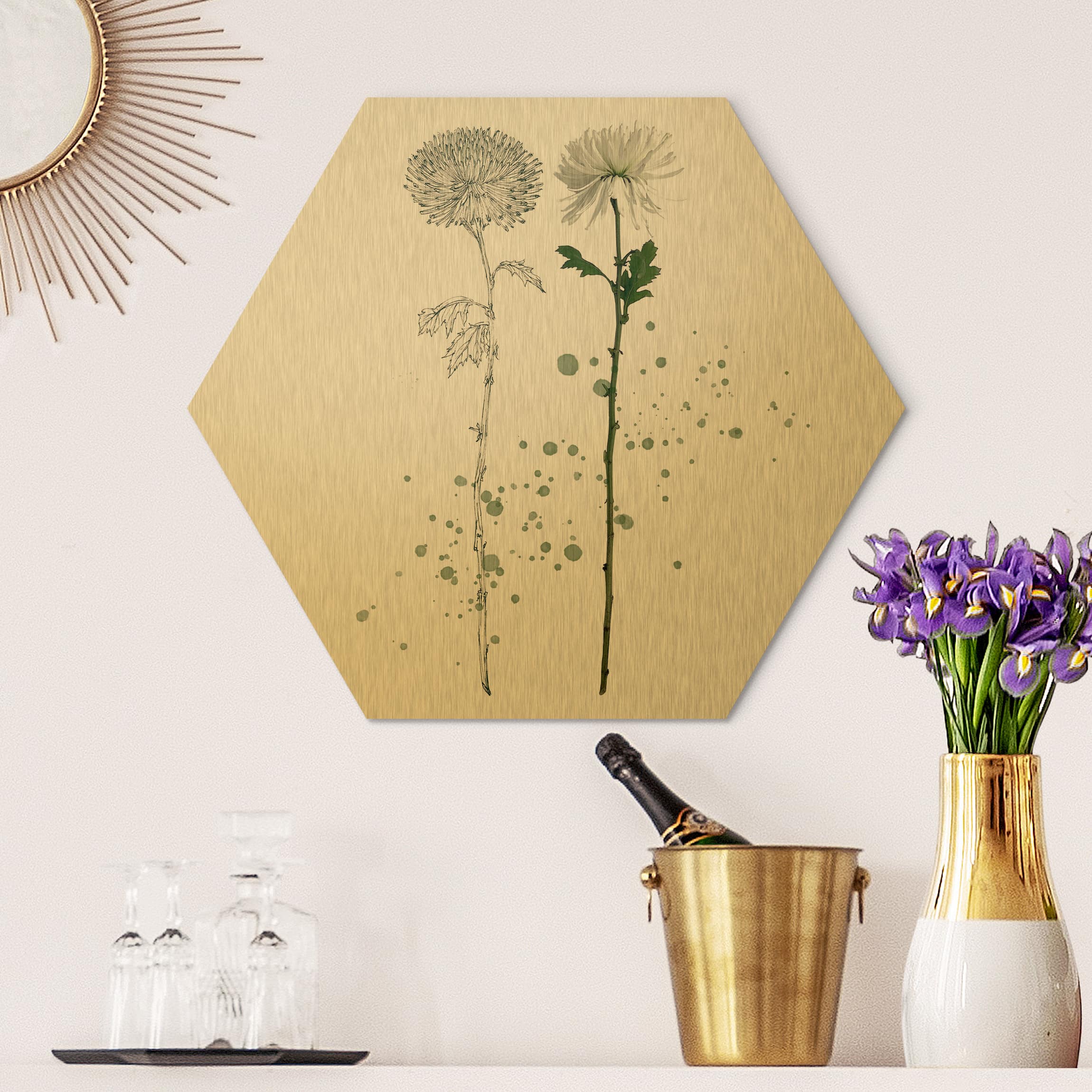 Hexagon-Alu-Dibond Bild Botanisches Aquarell - Löwenzahn