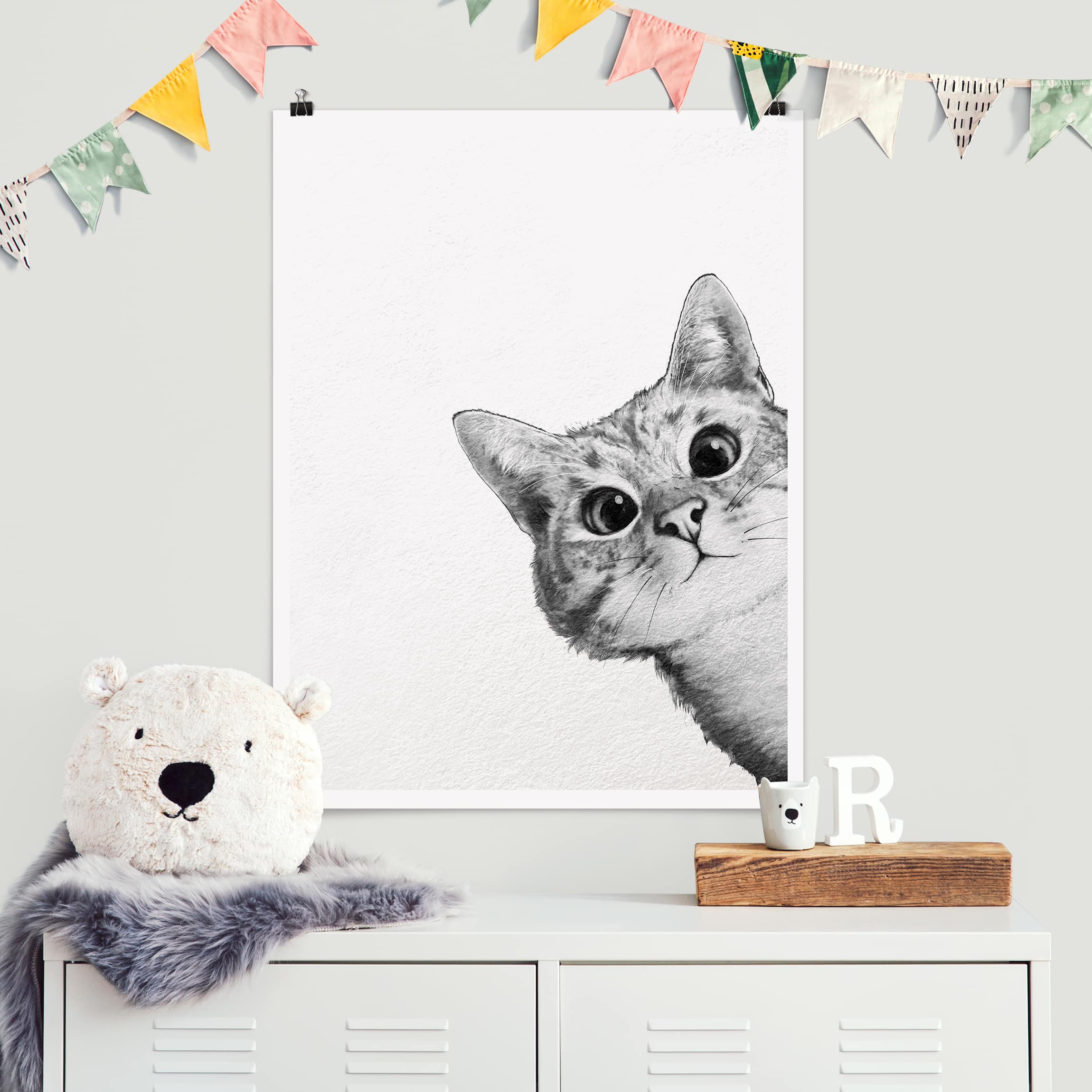 Poster - Hochformat Illustration Katze Zeichnung Schwarz Weiß
