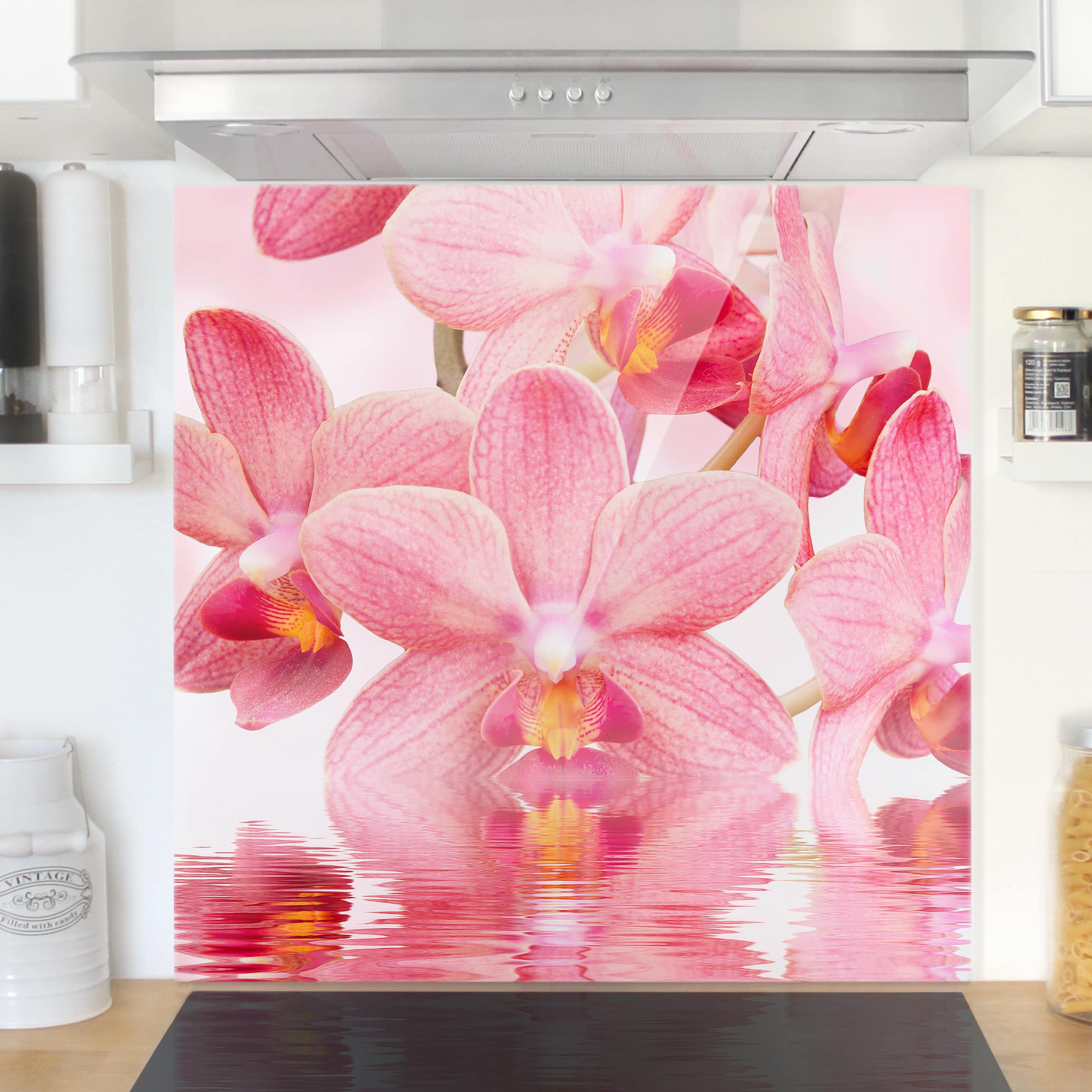 Spritzschutz Rosa Orchideen auf Wasser