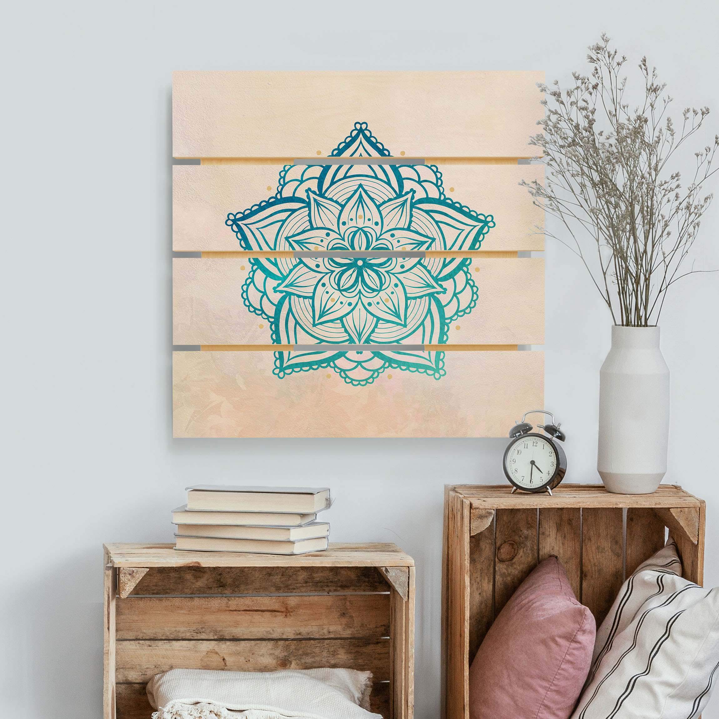 Holzbild Plankenoptik Mandala Illustration Mandala gold blau