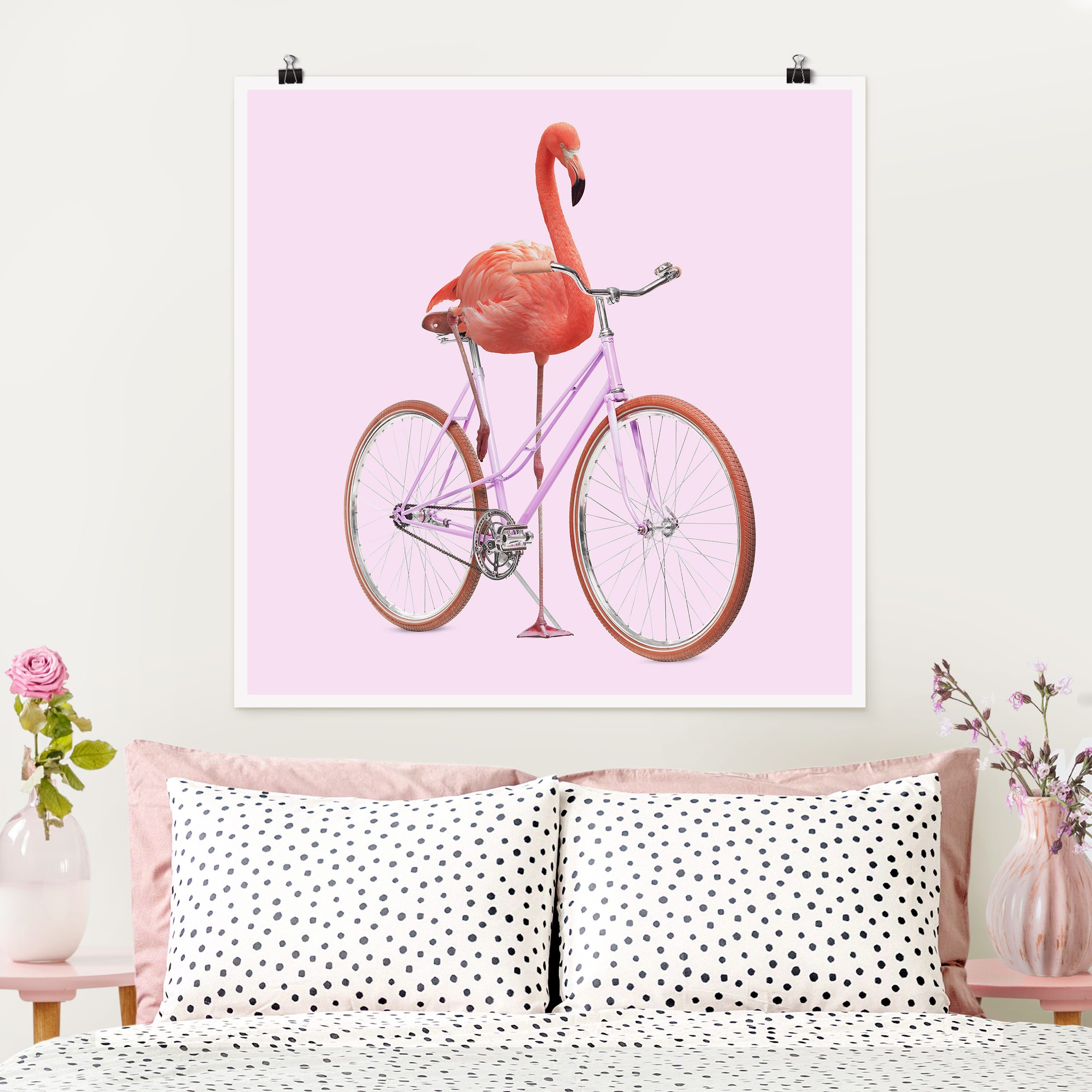 Poster - Quadrat Flamingo mit Fahrrad