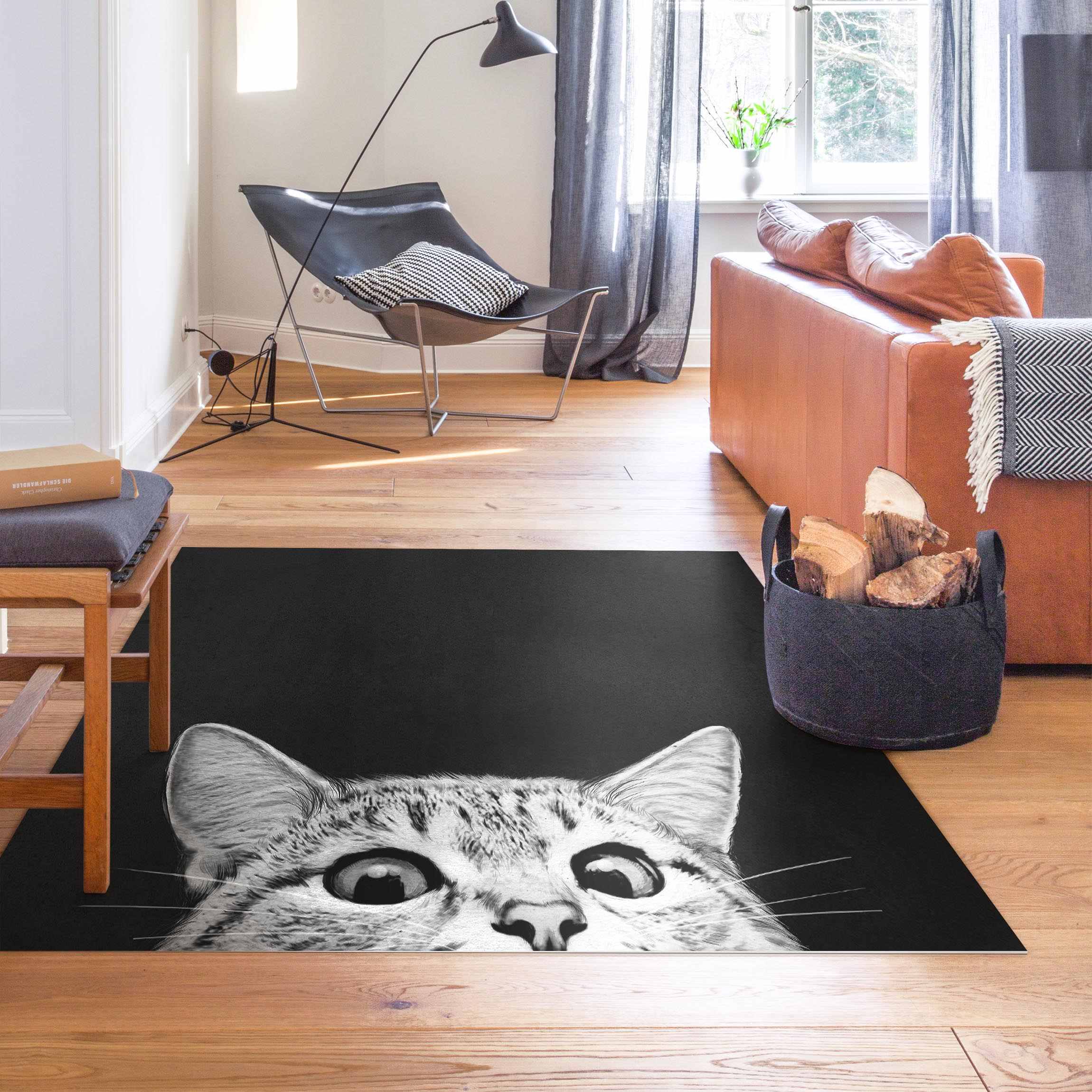 Vinylteppich Illustration Katze Schwarz Weiß Zeichnung