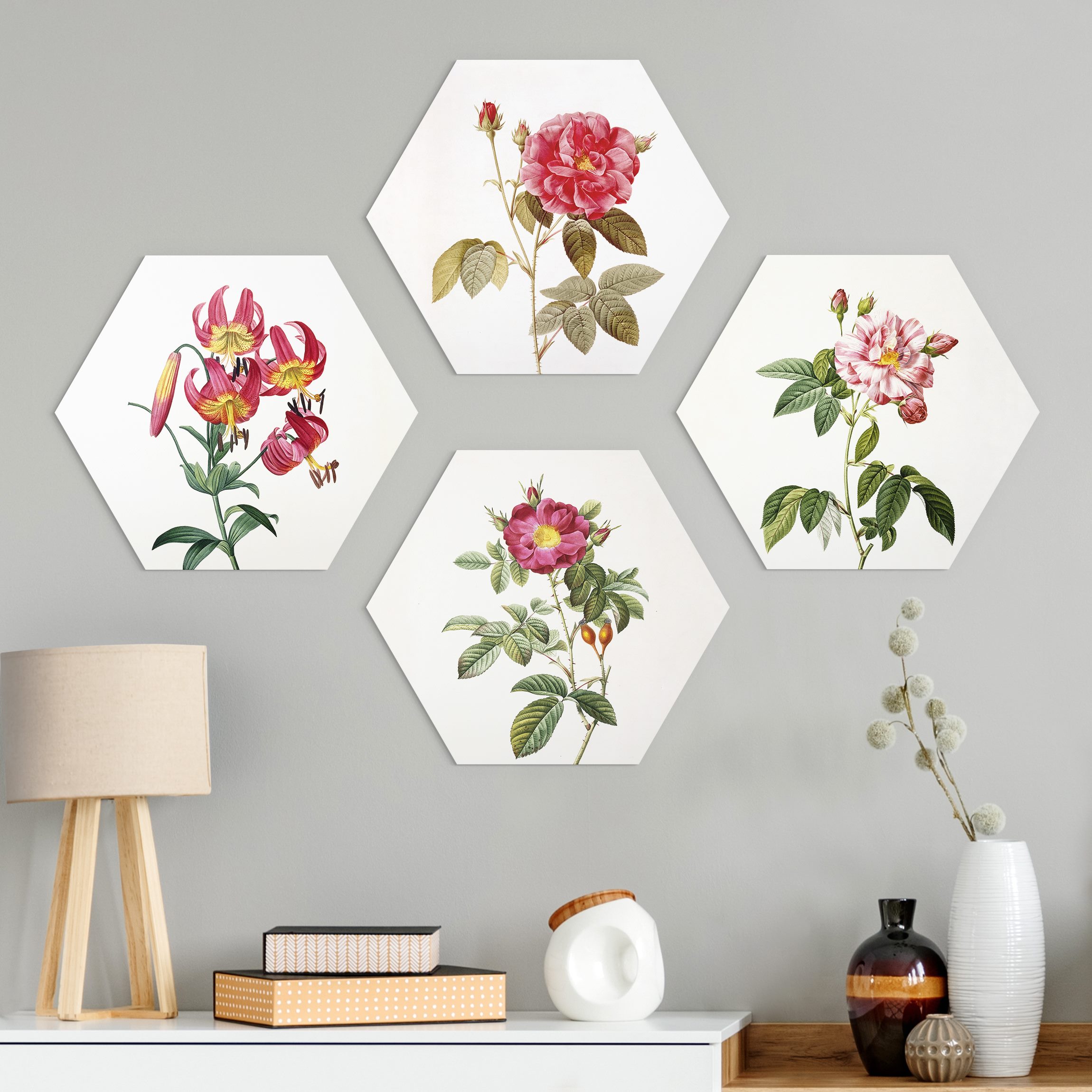 4-teiliges Hexagon-Alu-Dibond Bild Pierre Joseph Redouté - Rosen und Lilien
