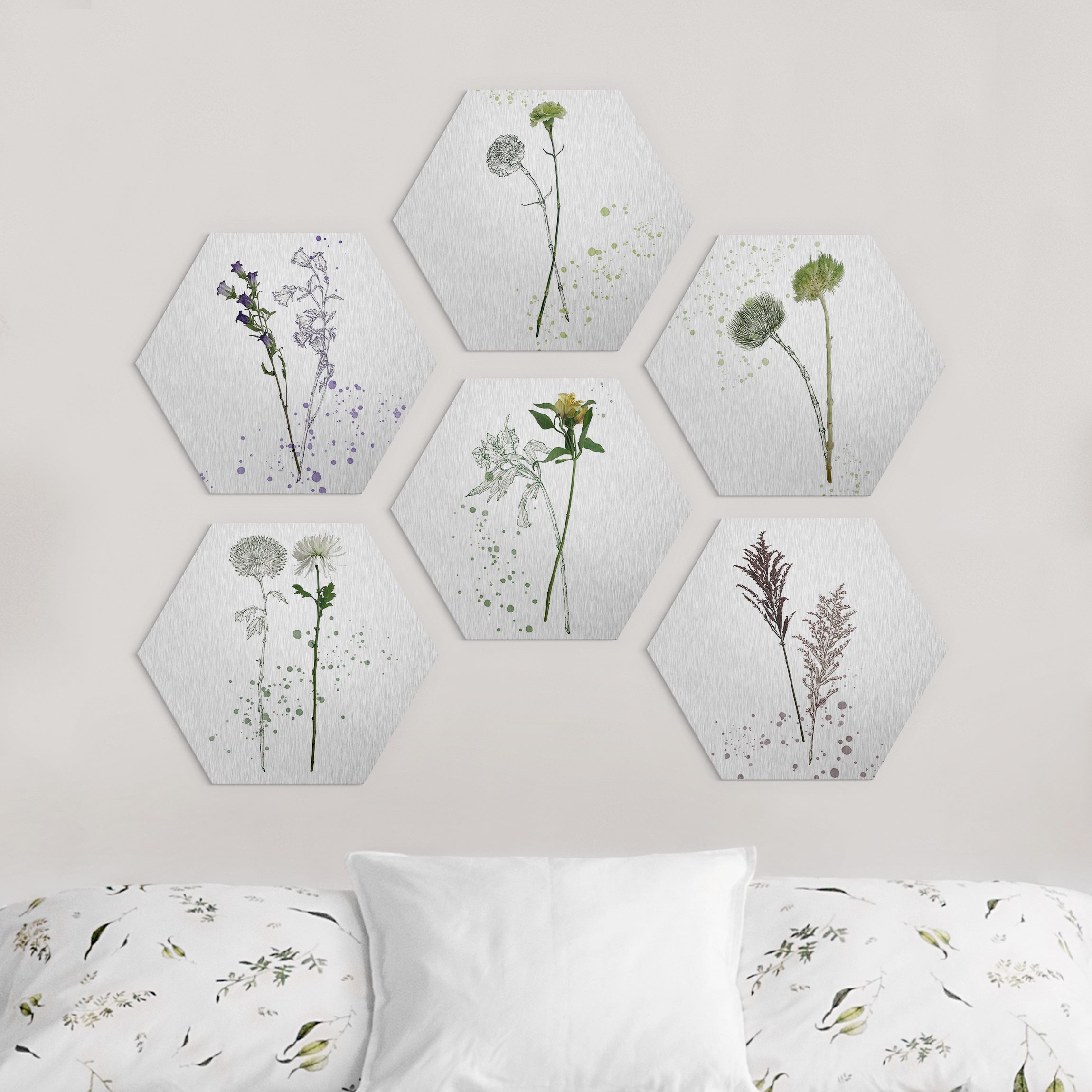 6-teiliges Hexagon-Alu-Dibond Bild Botanisches Aquarell Set II
