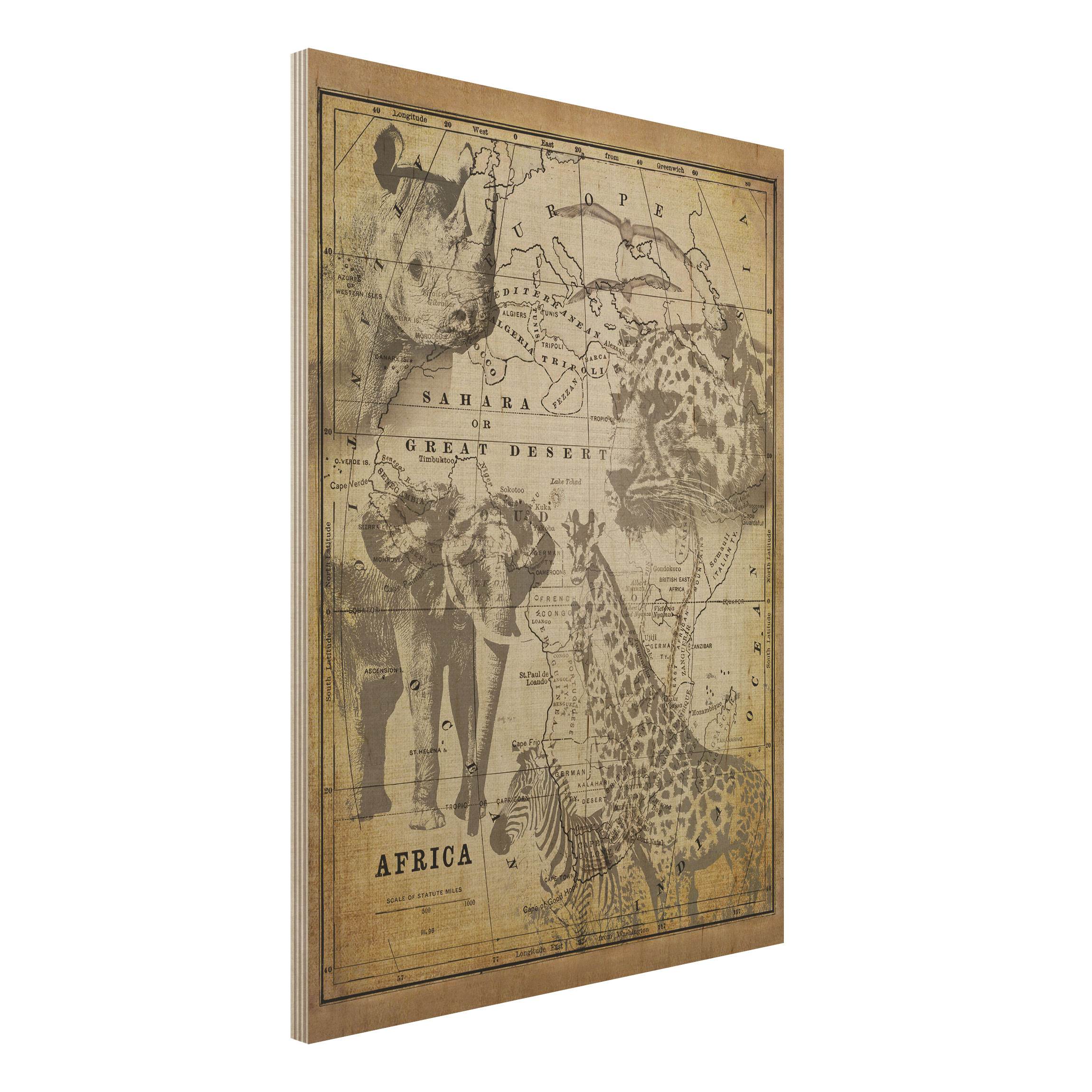 Holzbild Vintage Collage - Africa Wildlife