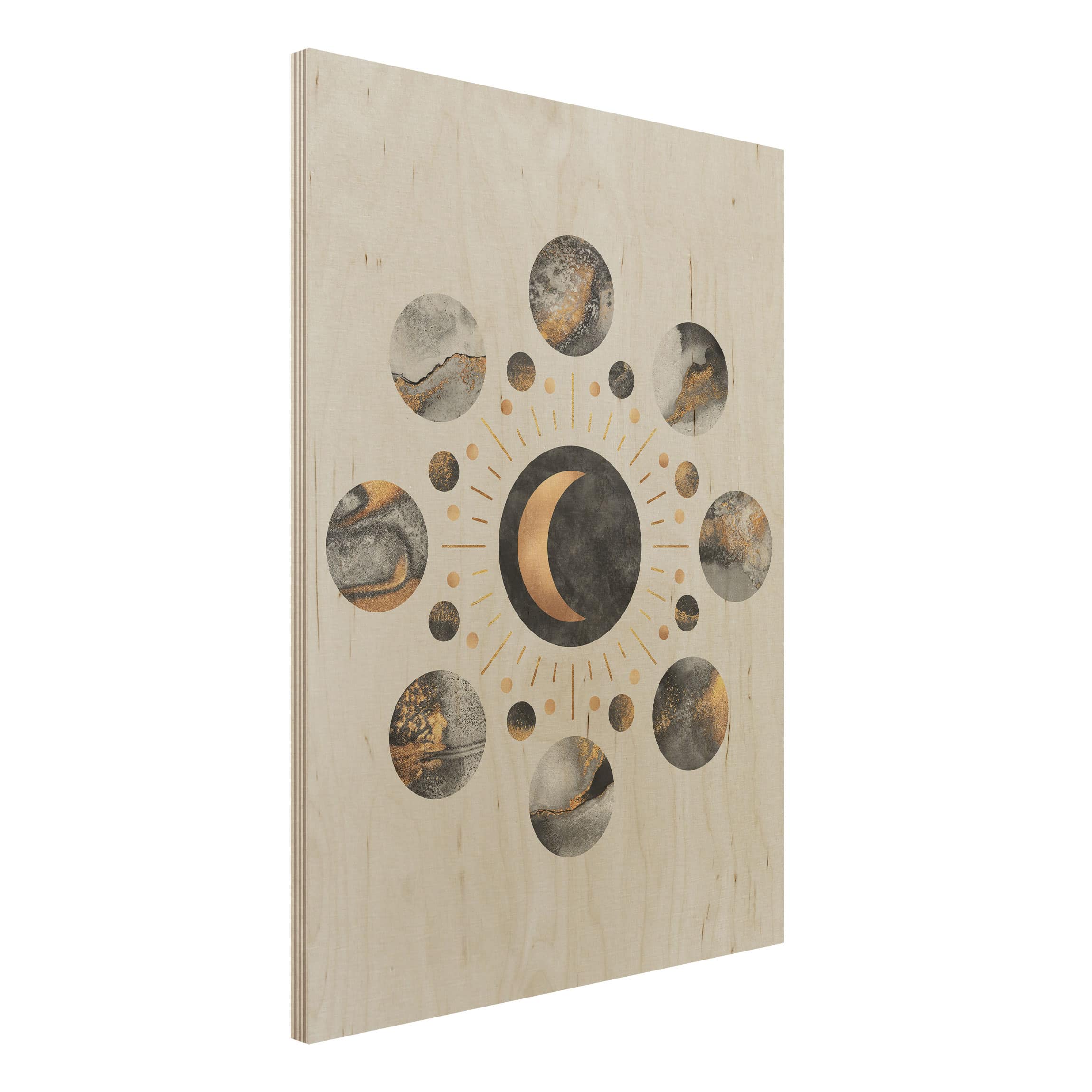 Holzbild - Hochformat 3:4 Mondphasen Abstrakt Gold
