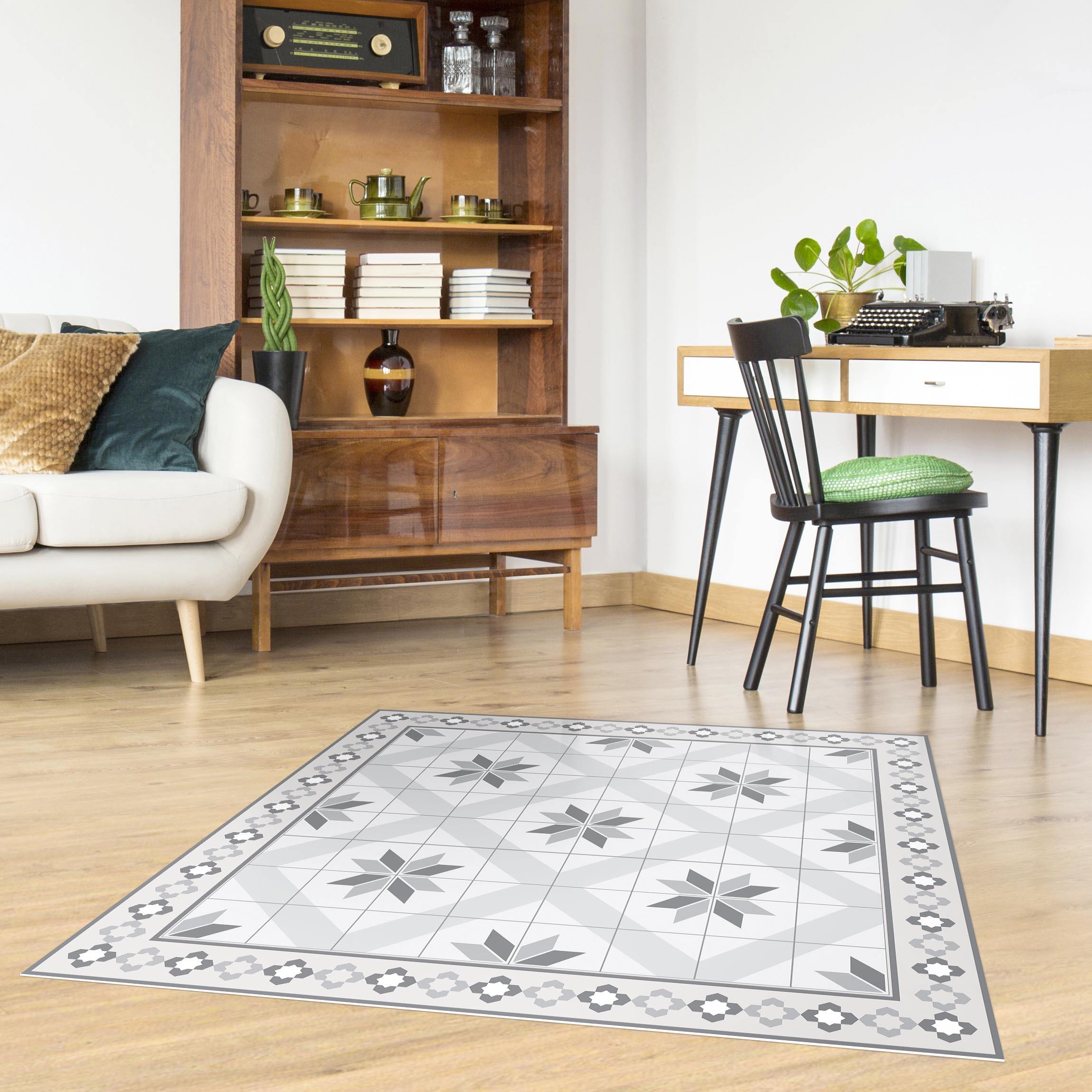 Vinylteppich Geometrische Fliesen Rautenblüte Grau mit Bordüre