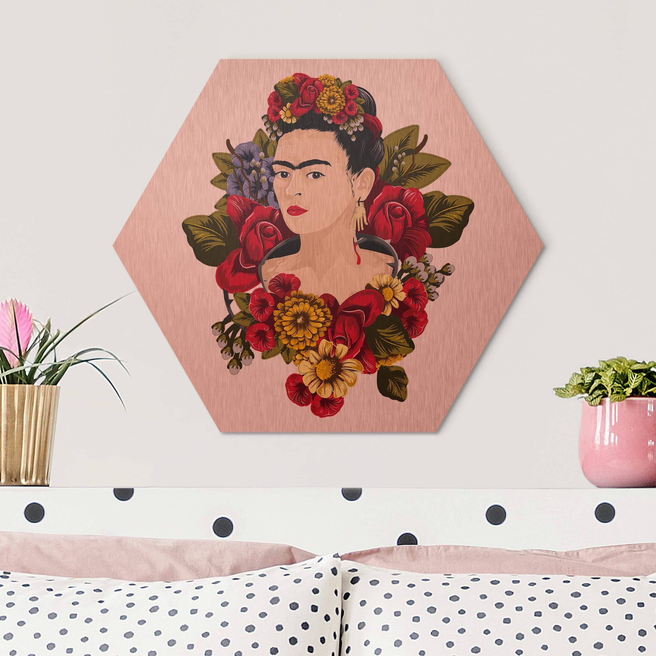 Hexagon-Alu-Dibond Bild Frida Kahlo - Rosen