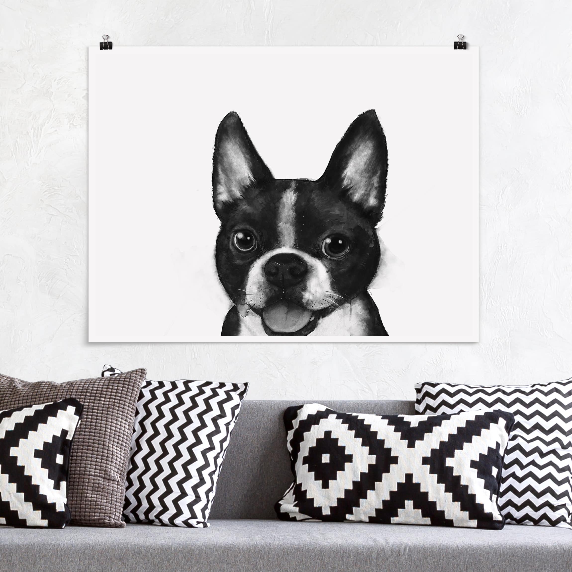 Poster Illustration Hund Boston Schwarz Weiß Malerei