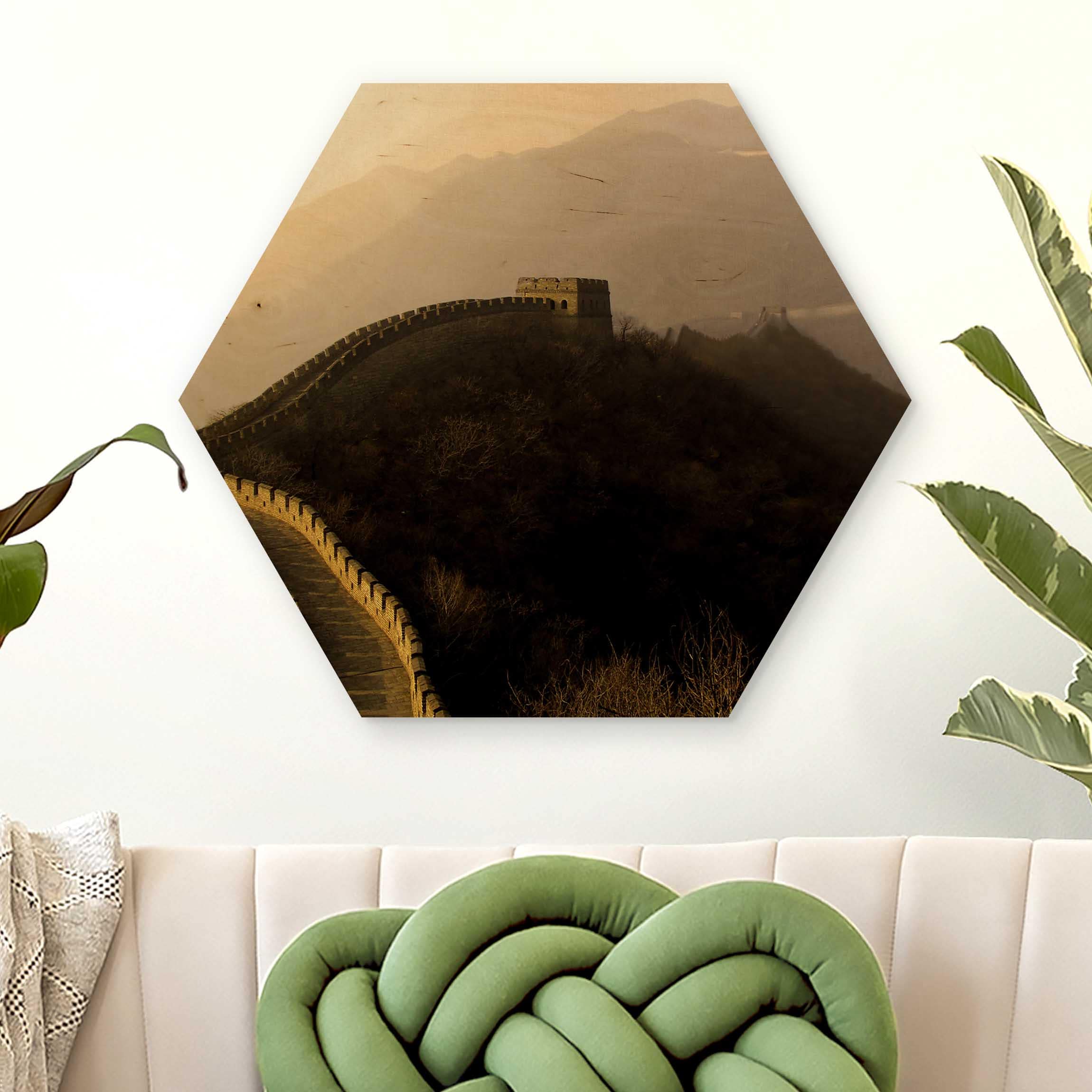 Hexagon-Holzbild Sonnenaufgang über der chinesischen Mauer