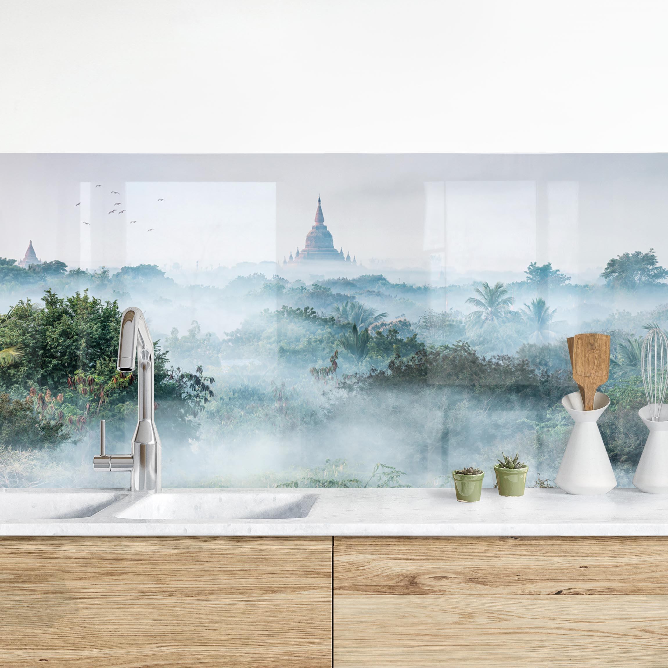 Küchenrückwand Morgennebel über dem Dschungel von Bagan