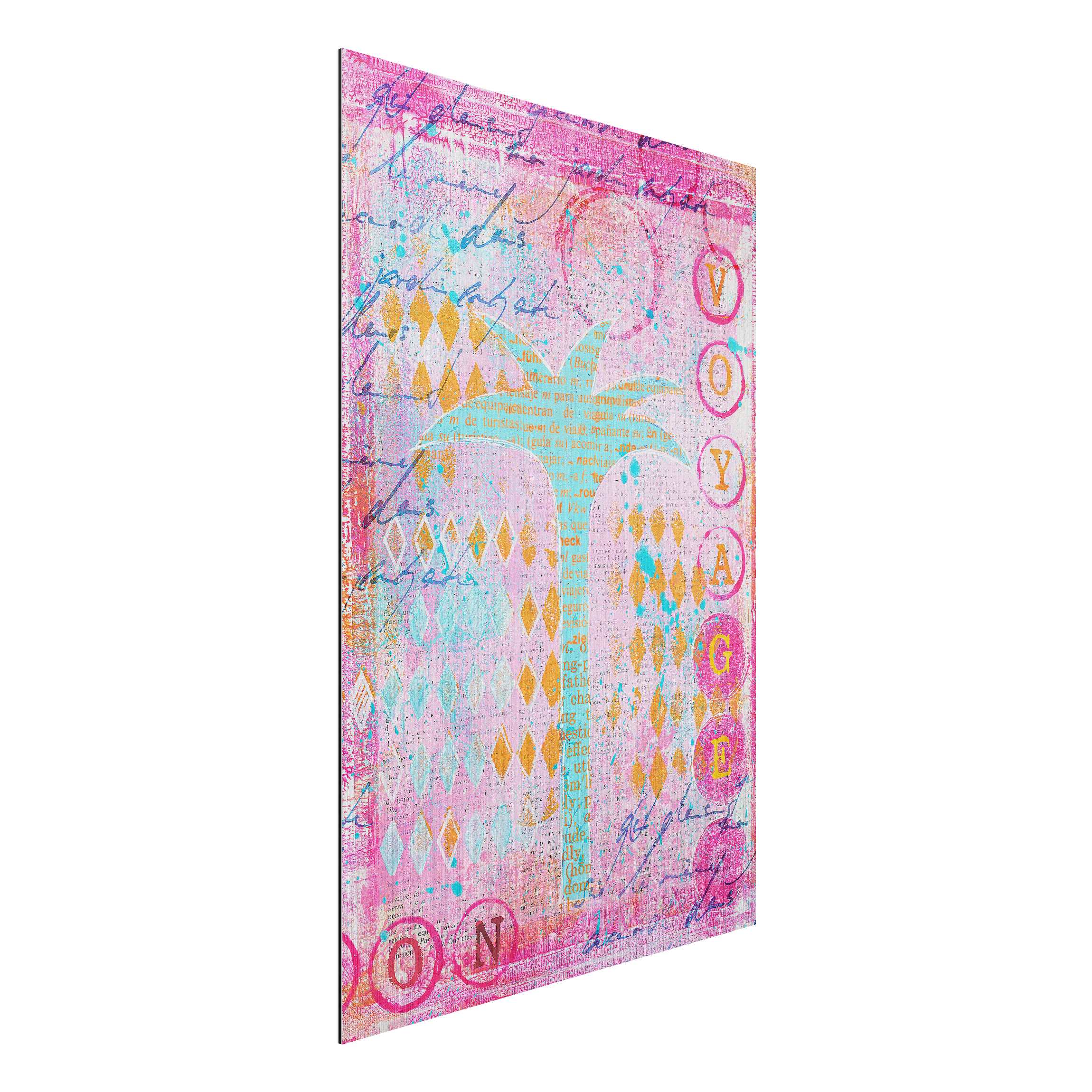 Alu-Dibond Bild Bunte Collage - Bon Voyage mit Palme