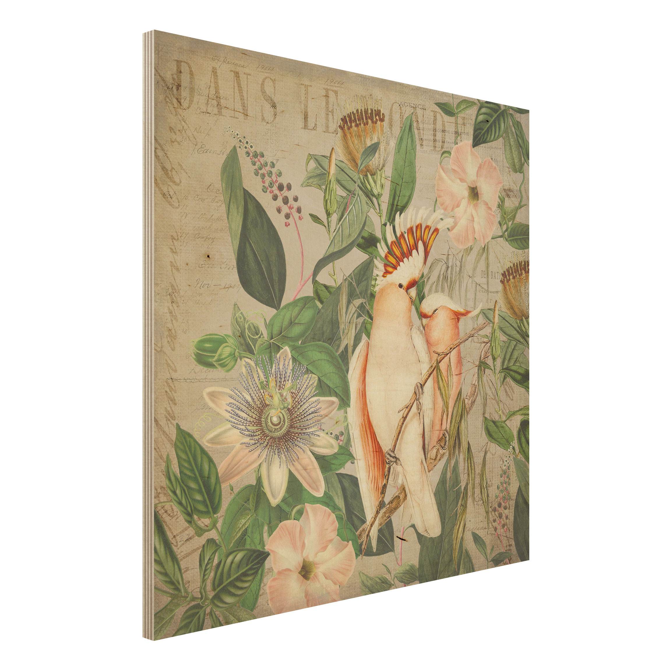Holzbild Colonial Style Collage - Rosa Kakadu