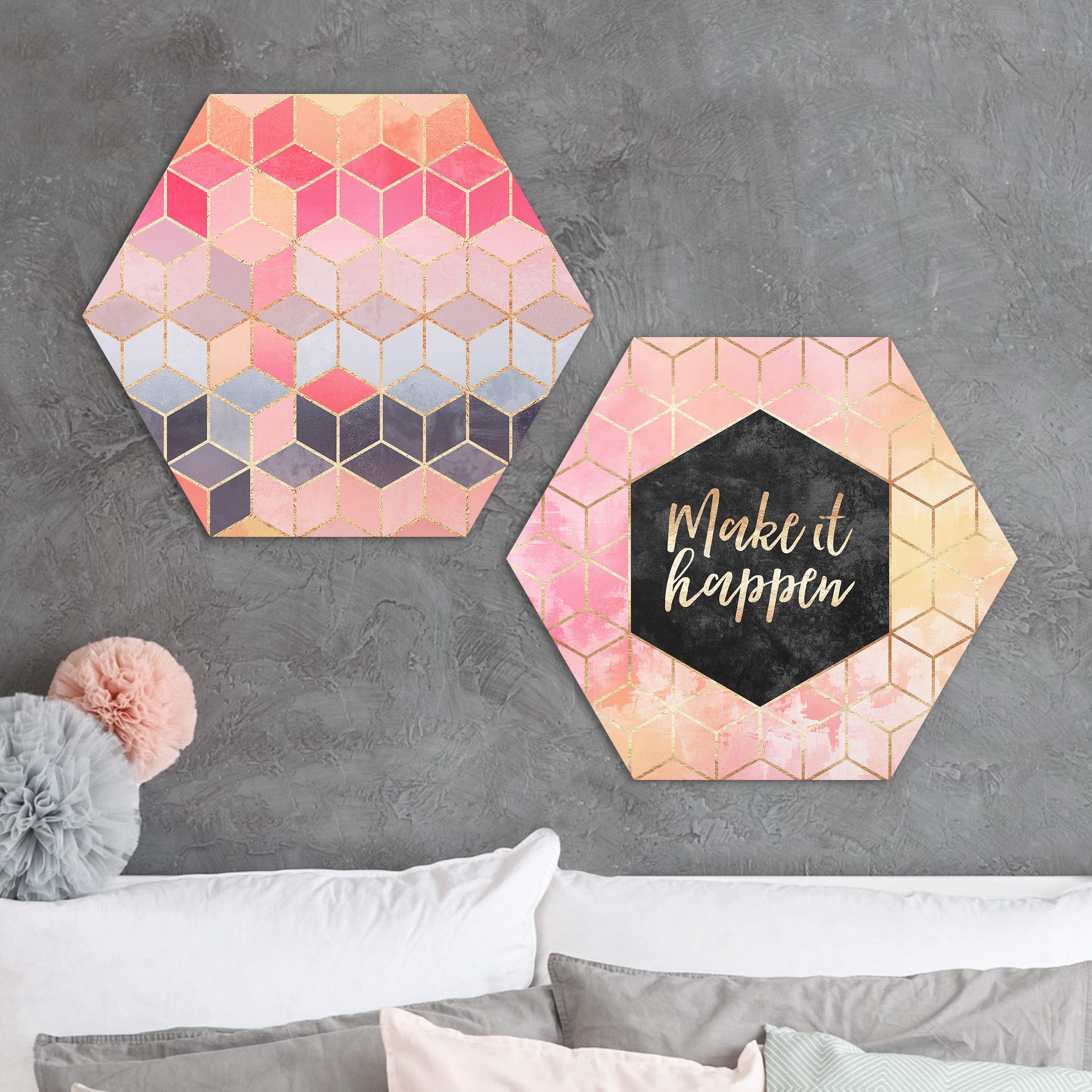 2-teiliges Hexagon-Alu-Dibond Bild Make It Happen Geometrie Set Pink