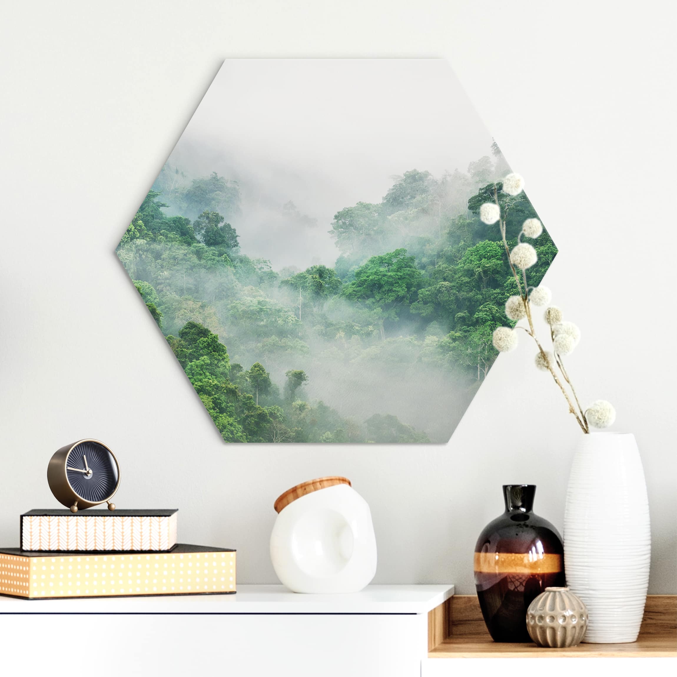 Hexagon-Alu-Dibond Bild Dschungel im Nebel