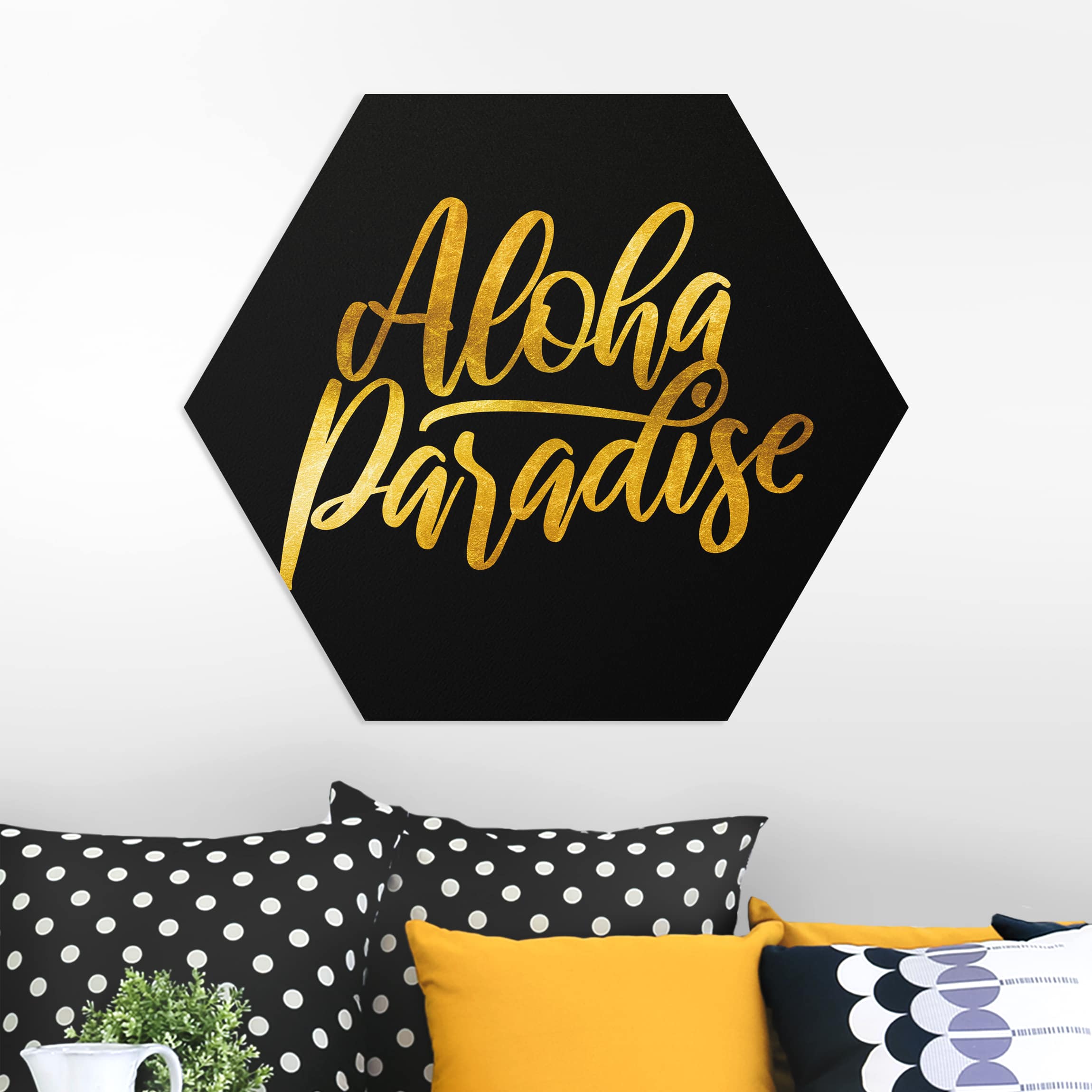 Hexagon-Forexbild Gold - Aloha Paradise auf Schwarz