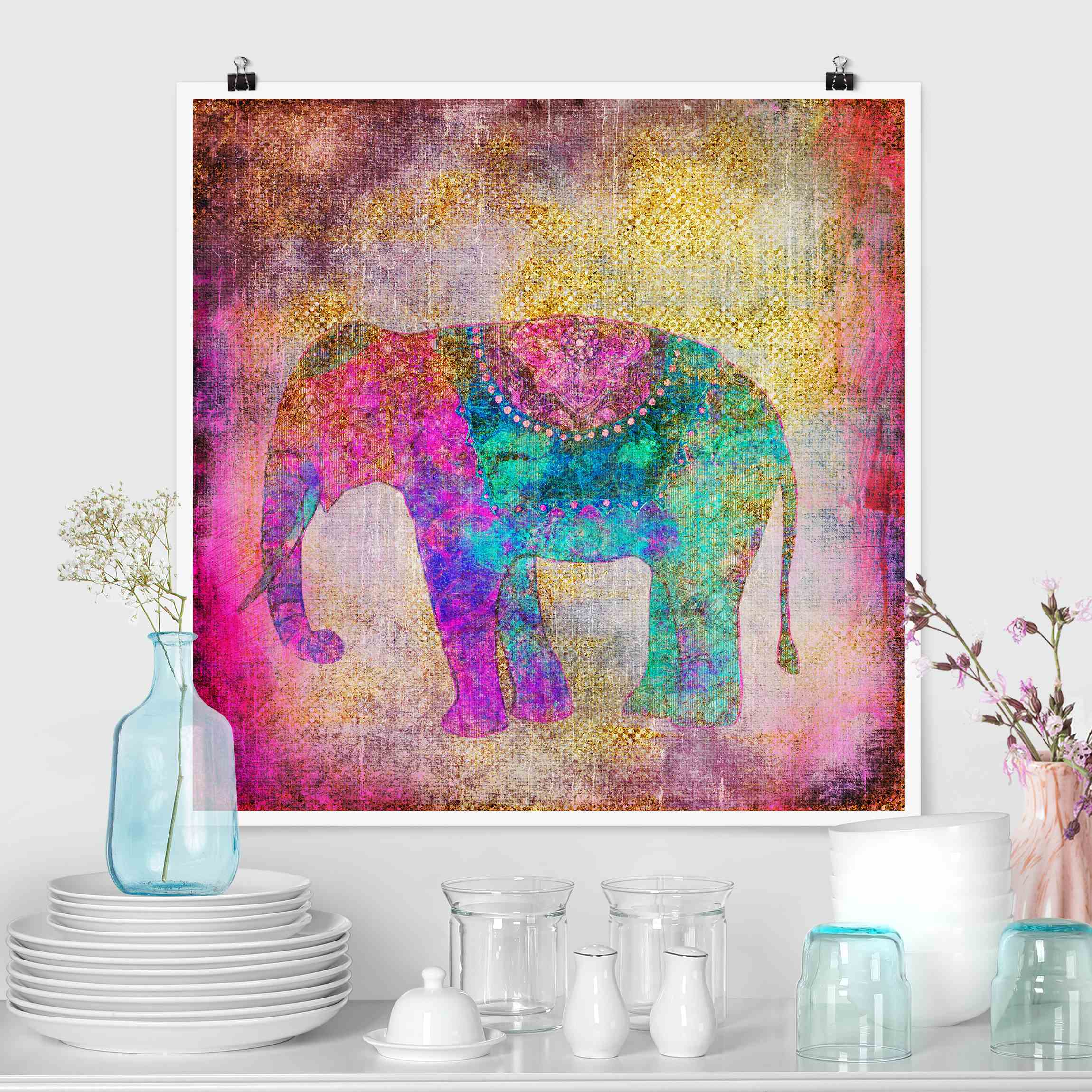 Poster Bunte Collage - Indischer Elefant