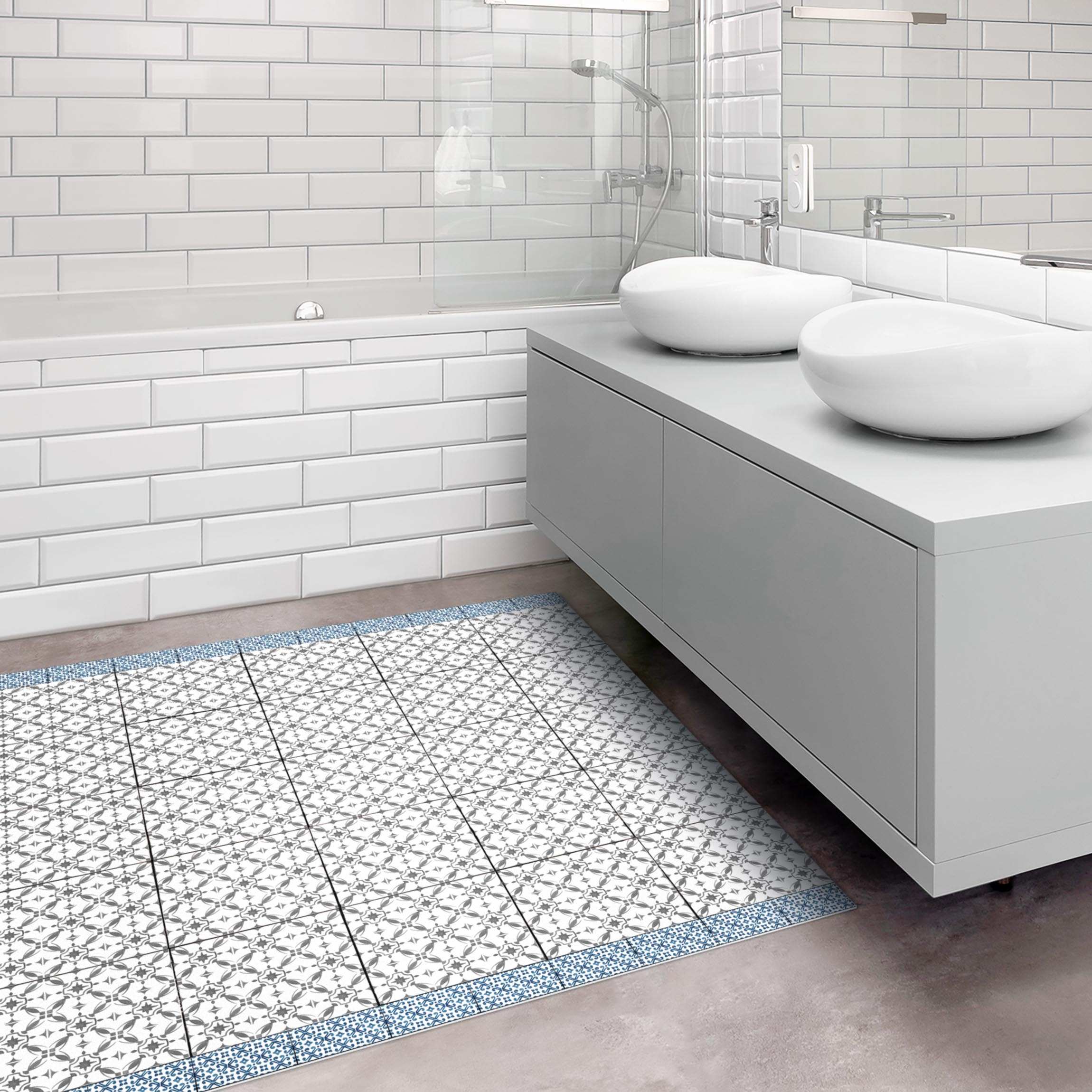 Vinylteppich Aquarell Fliesen Grauer Sonnenstern mit Bordüre