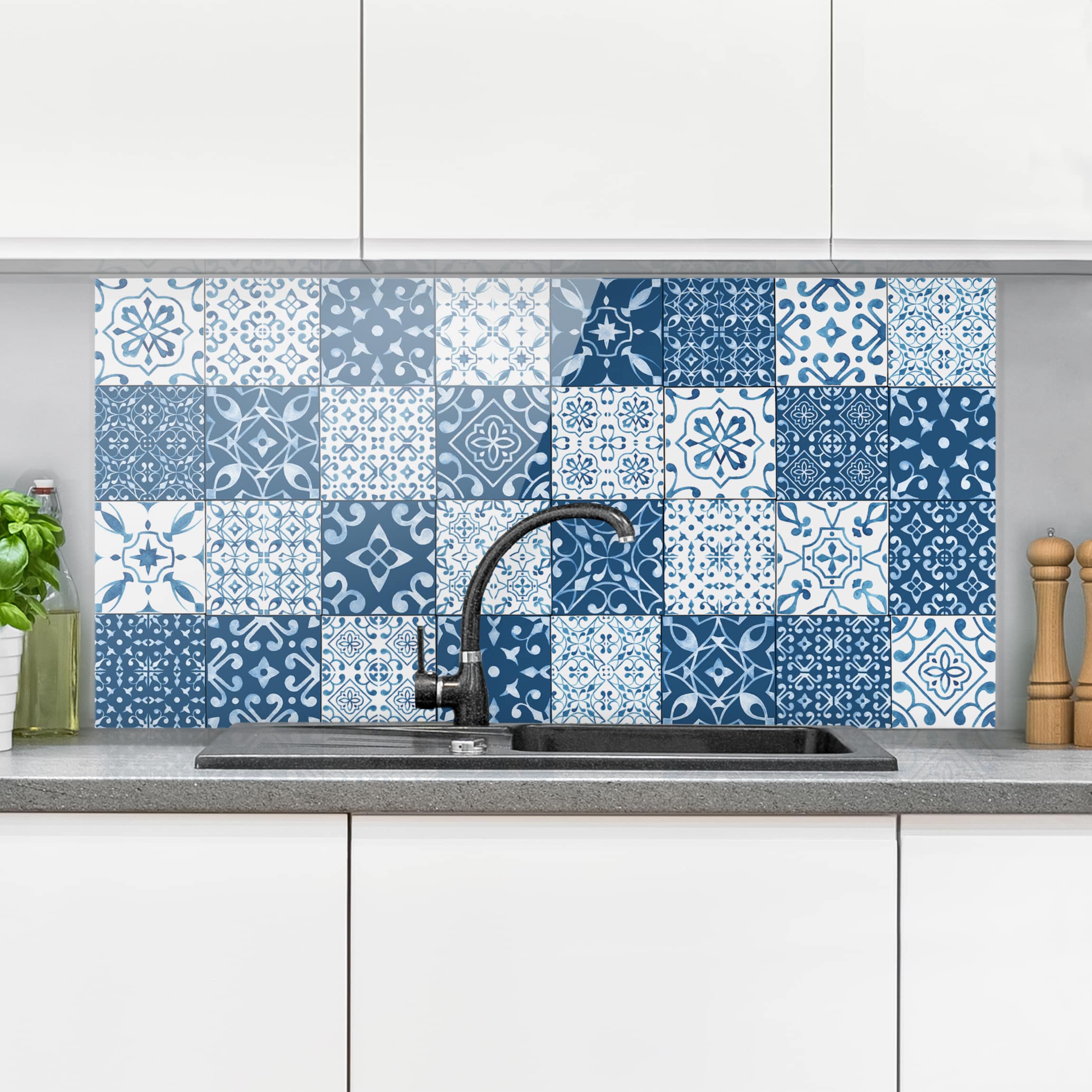 Glas Spritzschutz - Querformat 2:1 Fliesen Mustermix Blau Weiß