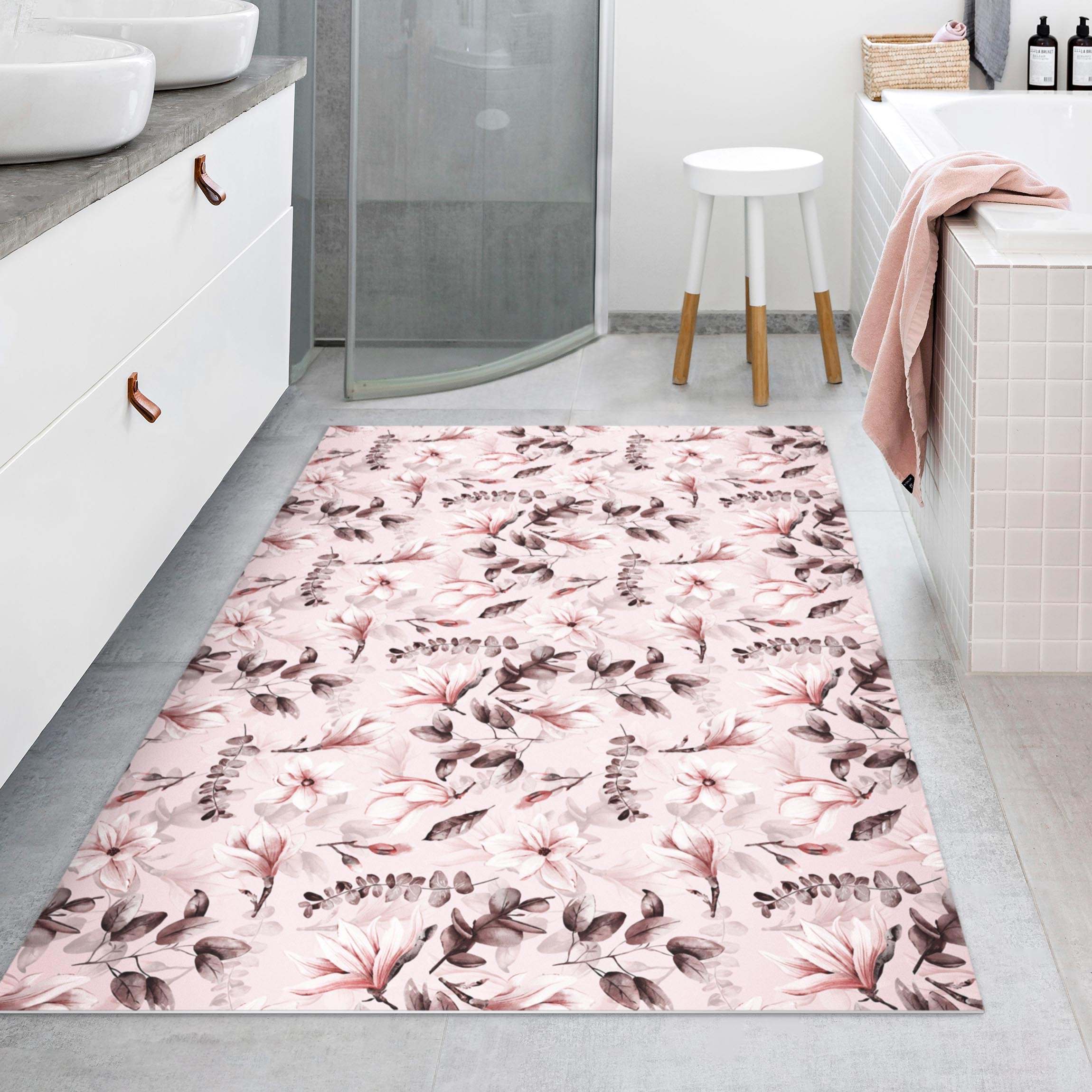 Vinylteppich Blüten mit Grauen Blättern vor Rosa
