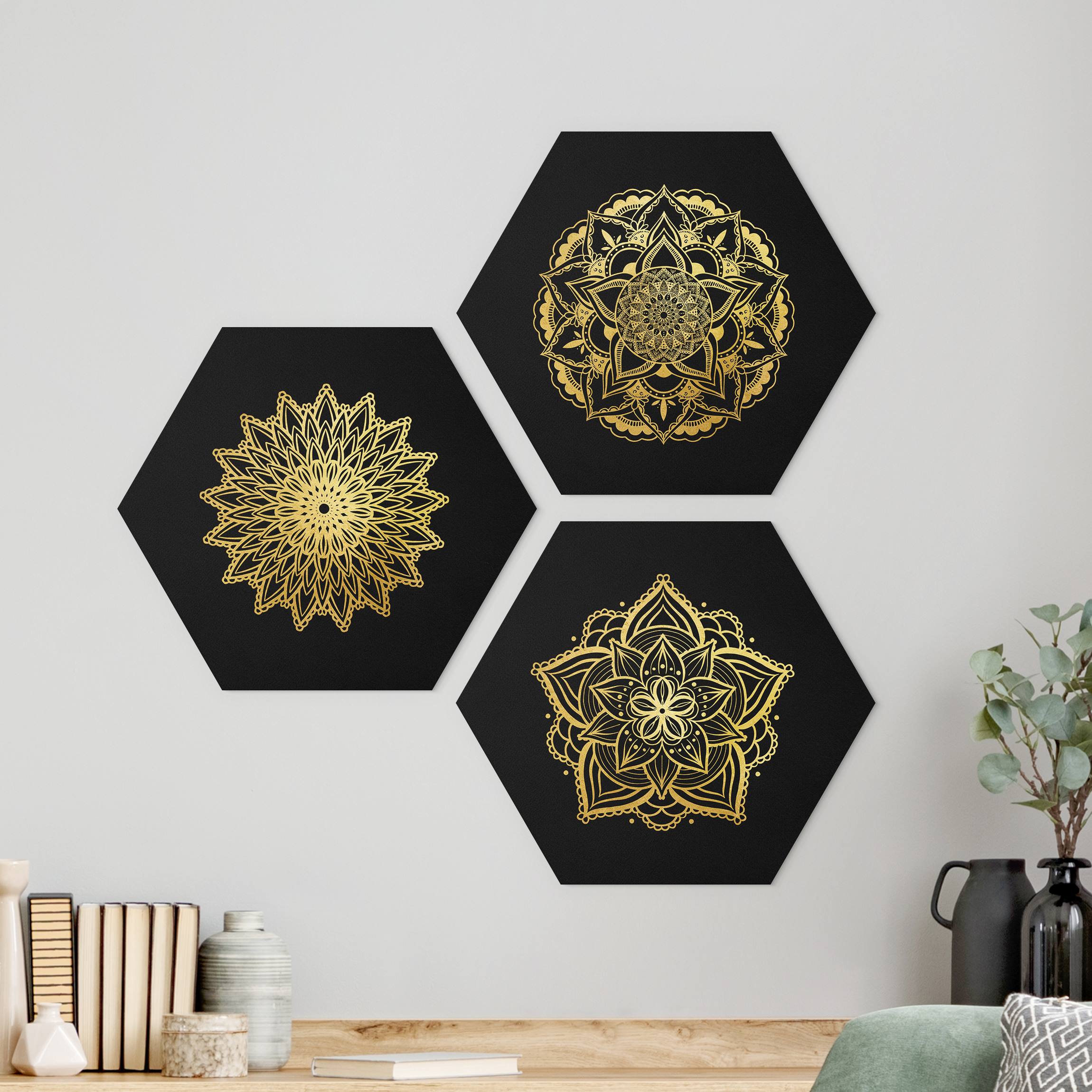 3-teiliges Hexagon-Alu-Dibond Bild Mandala Blüte Sonne Illustration Set Schwarz Gold