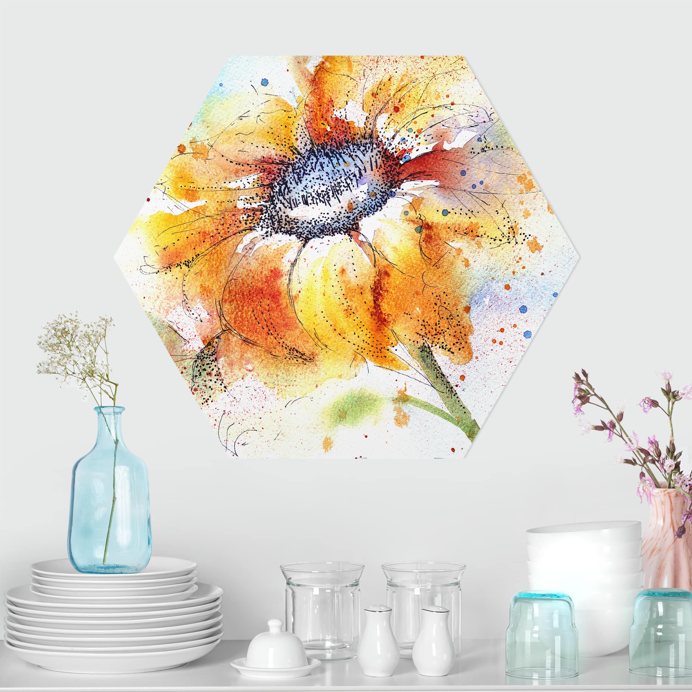 Hexagon-Alu-Dibond Bild Painted Sunflower
