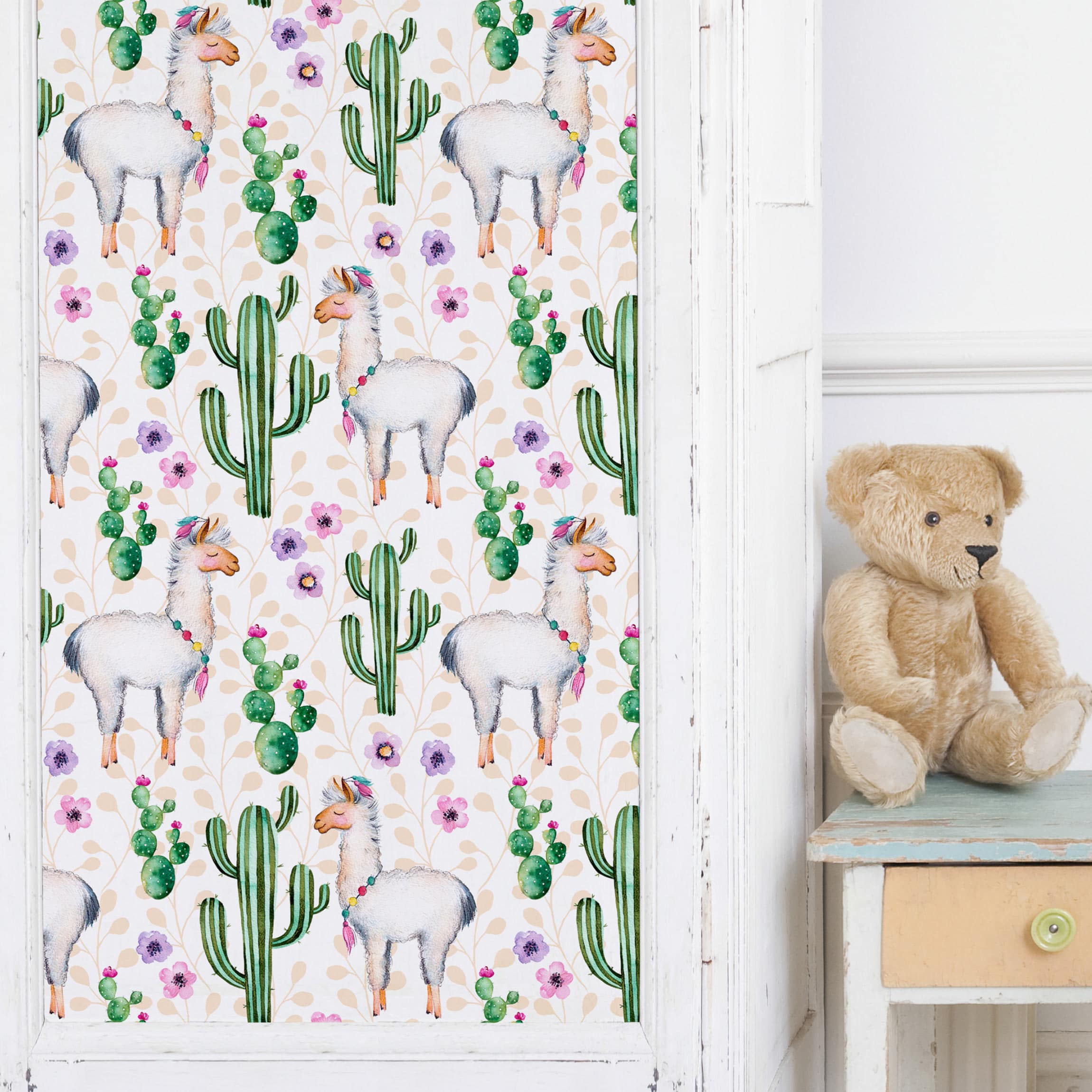 Möbelfolie Kinderzimmer Lama und Kakteen Aquarell