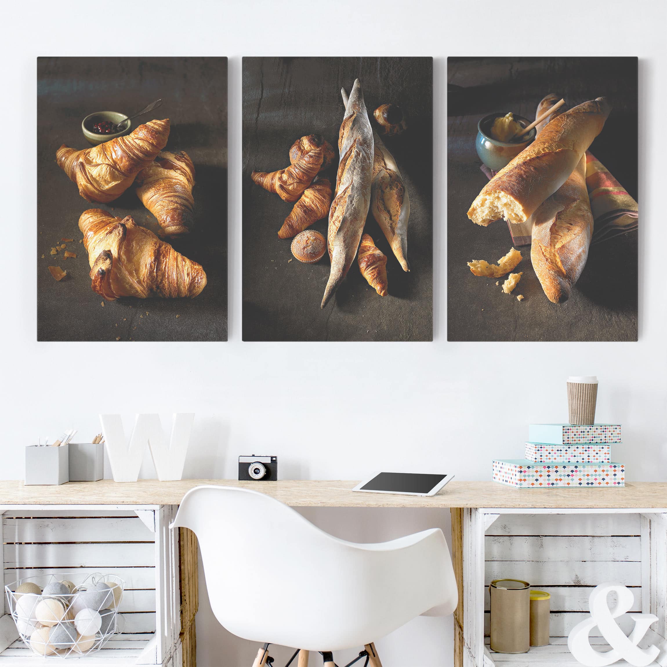 3-teiliges Leinwandbild Küche Croissants und Baguettes