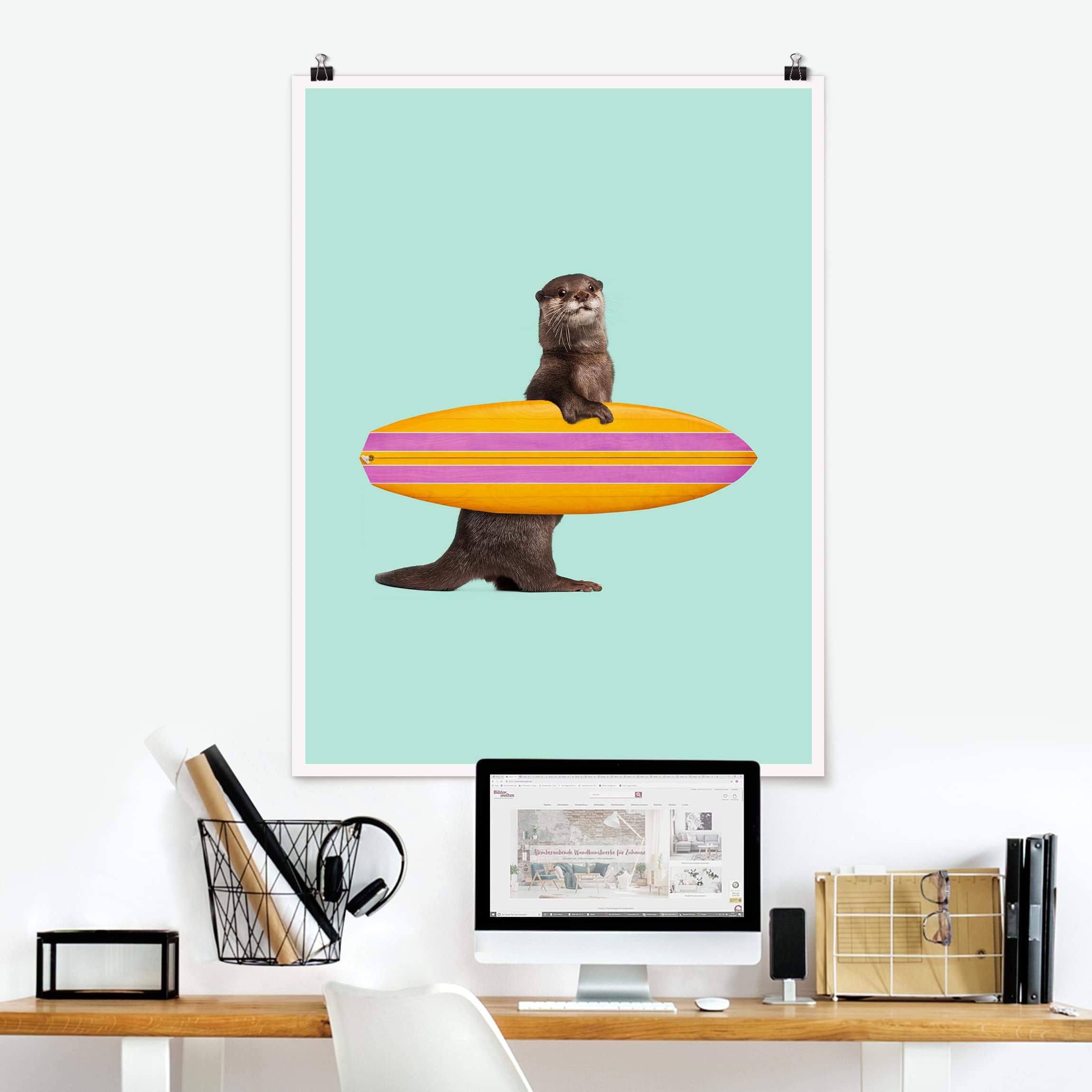 Poster Tiere Otter mit Surfbrett