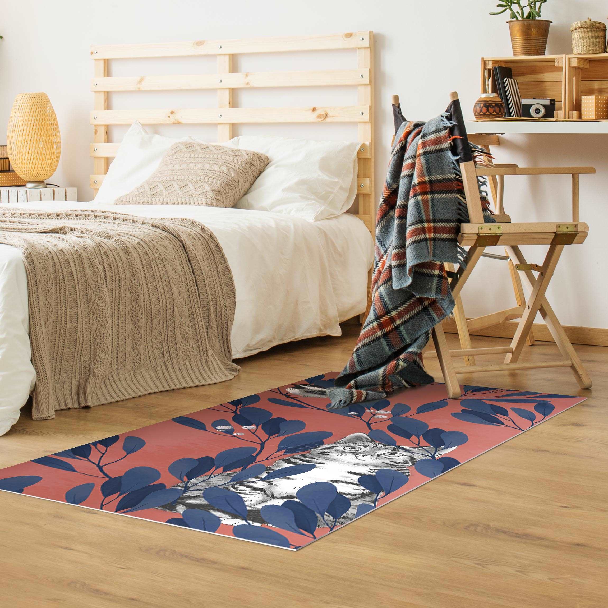 Vinylteppich Illustration Katze und Vogel auf Ast Blau Rot